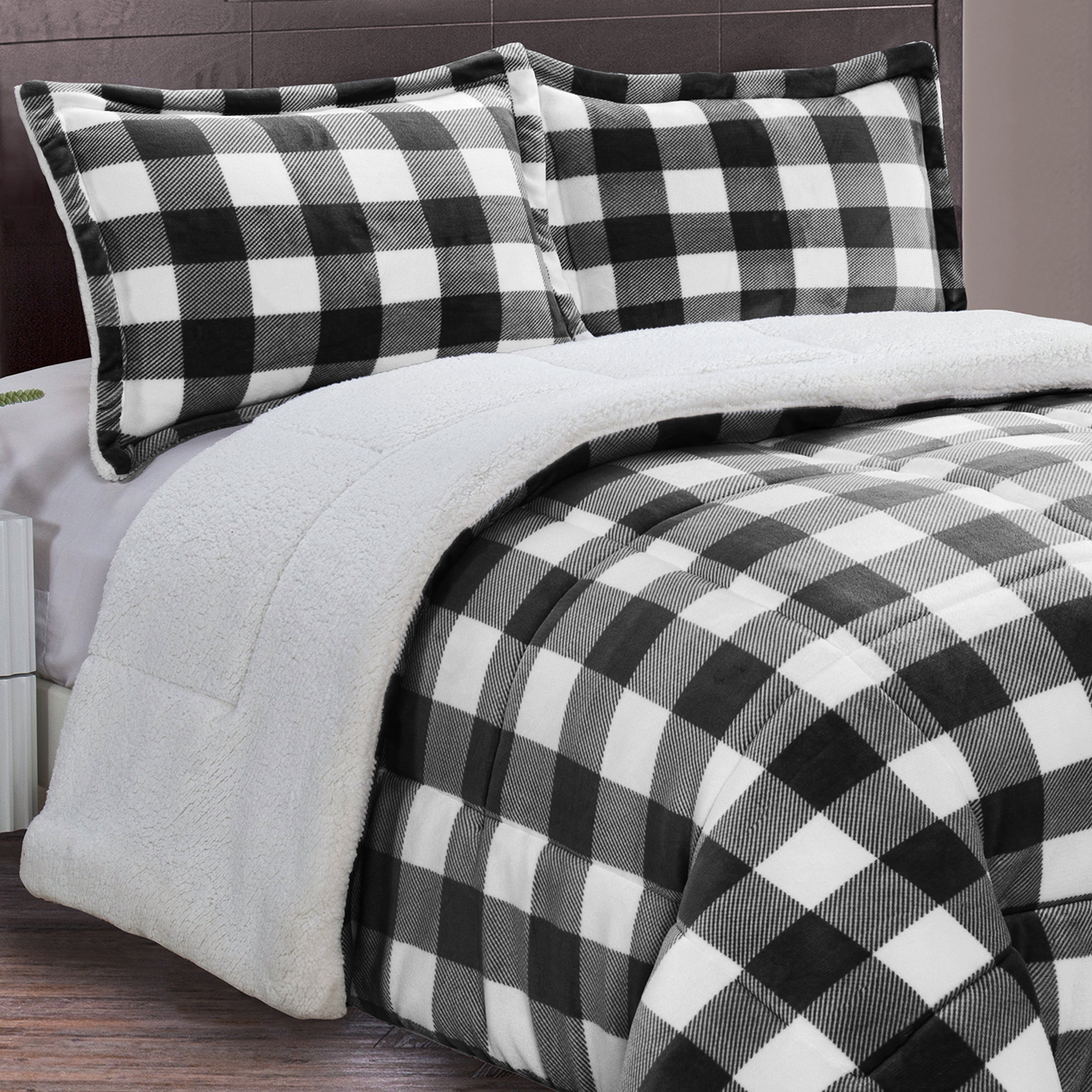 3-Piece Buffalo Micro-Suede Reversible Sherpa - Lodge-Plaid Pattern Comforter Set