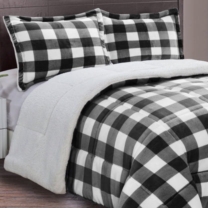 Elegant Comfort 3-Piece Buffalo Micro-Suede Reversible Sherpa - Lodge-Plaid Pattern Comforter Set