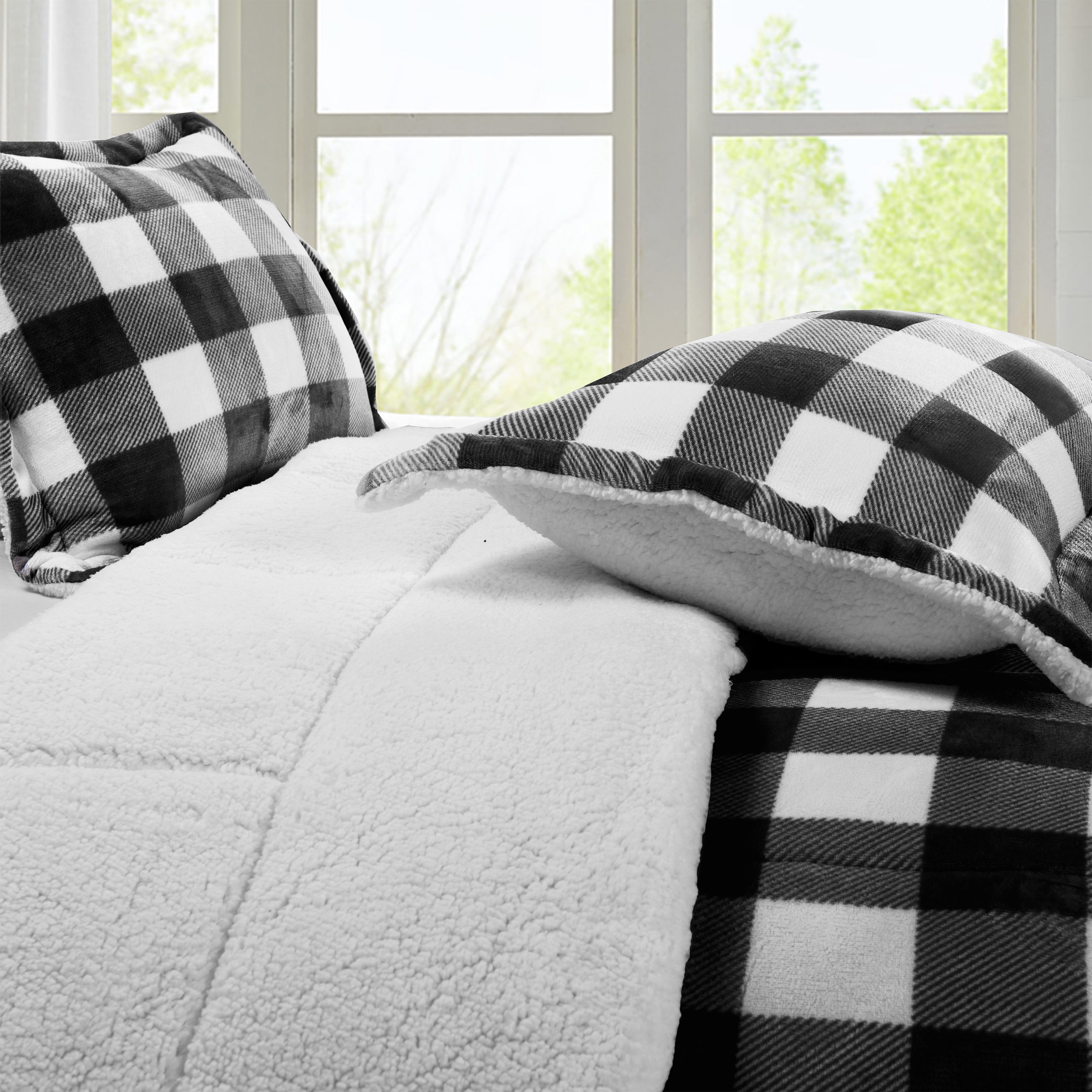 3-Piece Buffalo Micro-Suede Reversible Sherpa - Lodge-Plaid Pattern Comforter Set