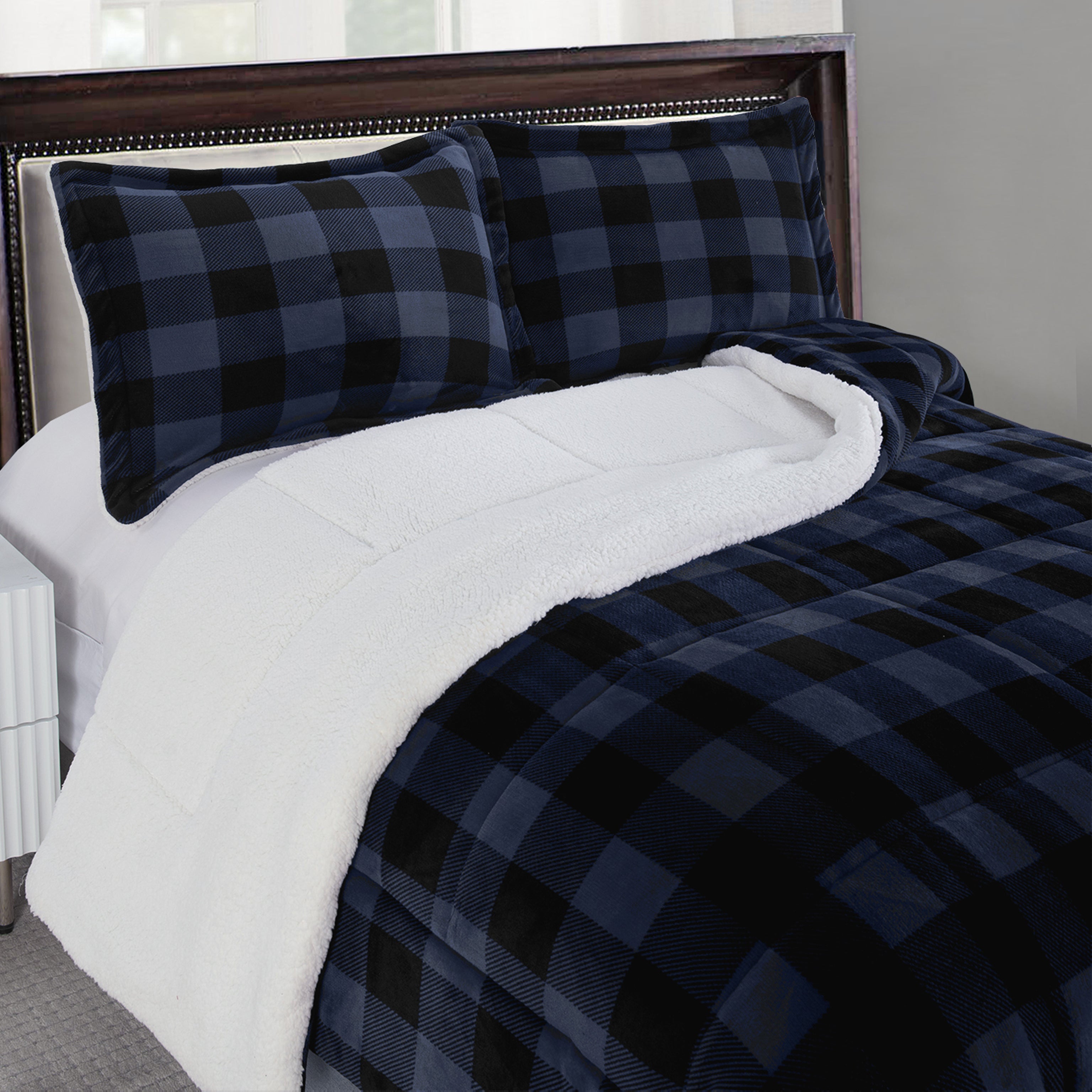 3-Piece Buffalo Micro-Suede Reversible Sherpa - Lodge-Plaid Pattern Comforter Set