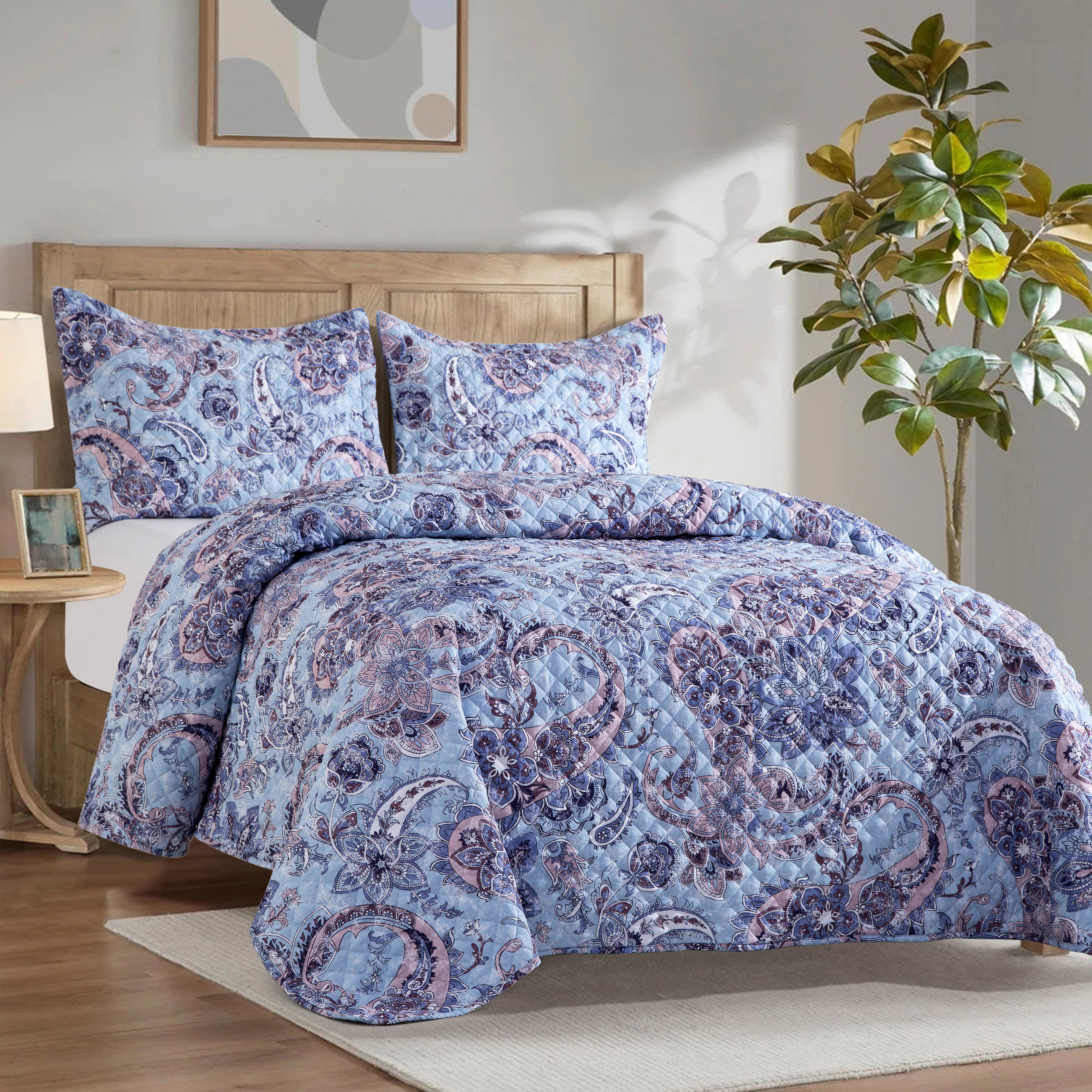 3-Piece Paisley Quilted Reversible Bedspread Coverlet Set
