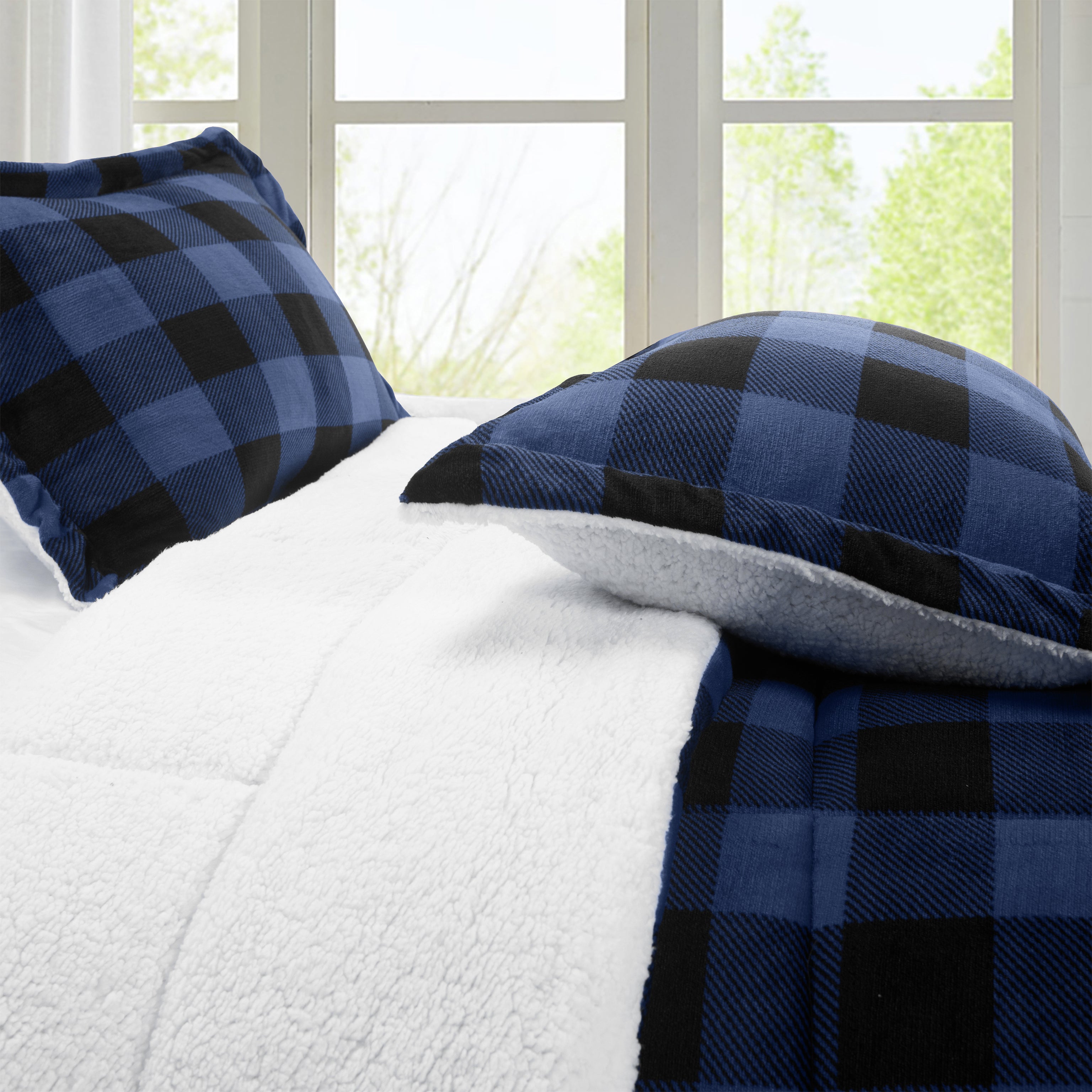 3-Piece Buffalo Micro-Suede Reversible Sherpa - Lodge-Plaid Pattern Comforter Set