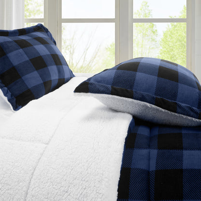 Elegant Comfort 3-Piece Buffalo Micro-Suede Reversible Sherpa - Lodge-Plaid Pattern Comforter Set