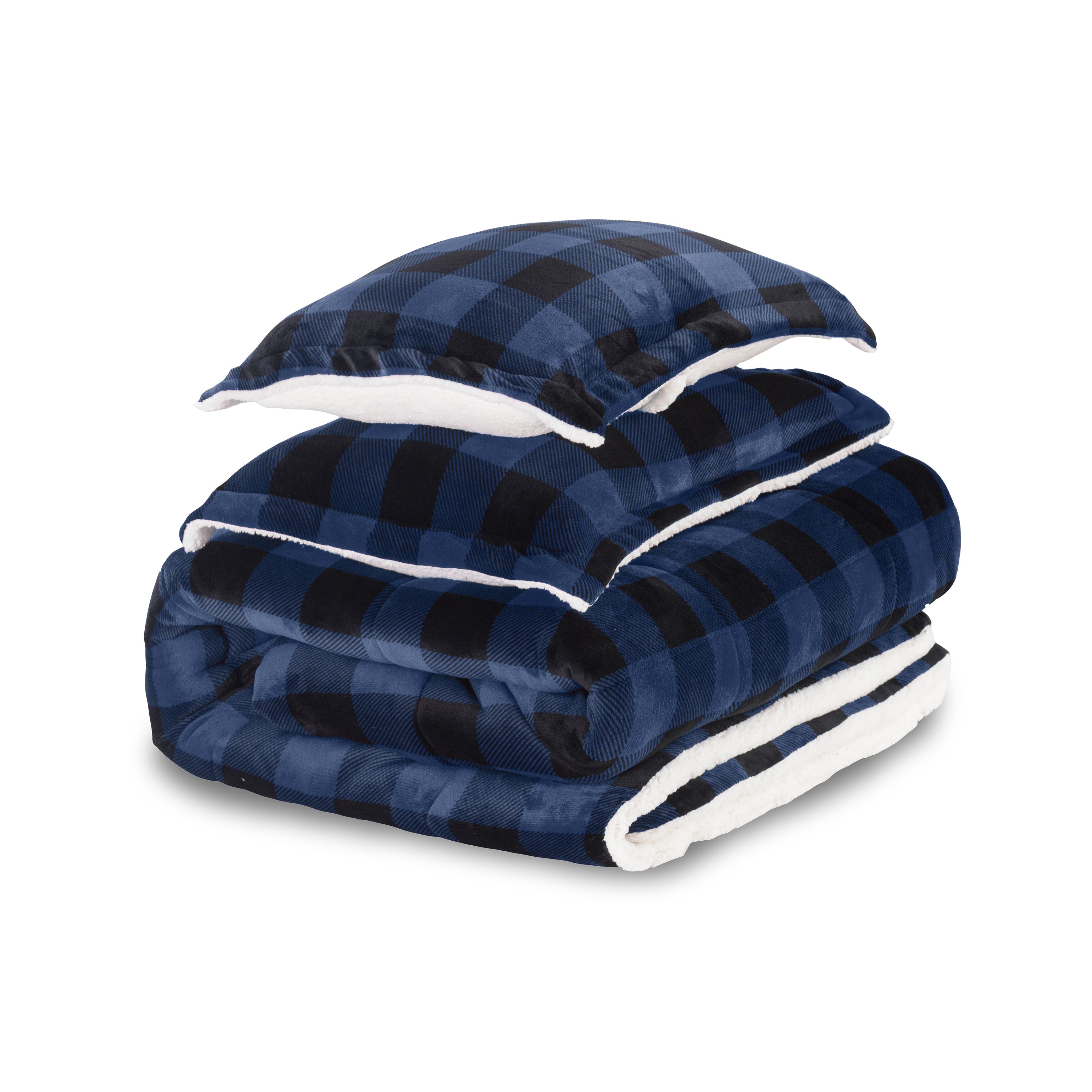 3-Piece Buffalo Micro-Suede Reversible Sherpa - Lodge-Plaid Pattern Comforter Set