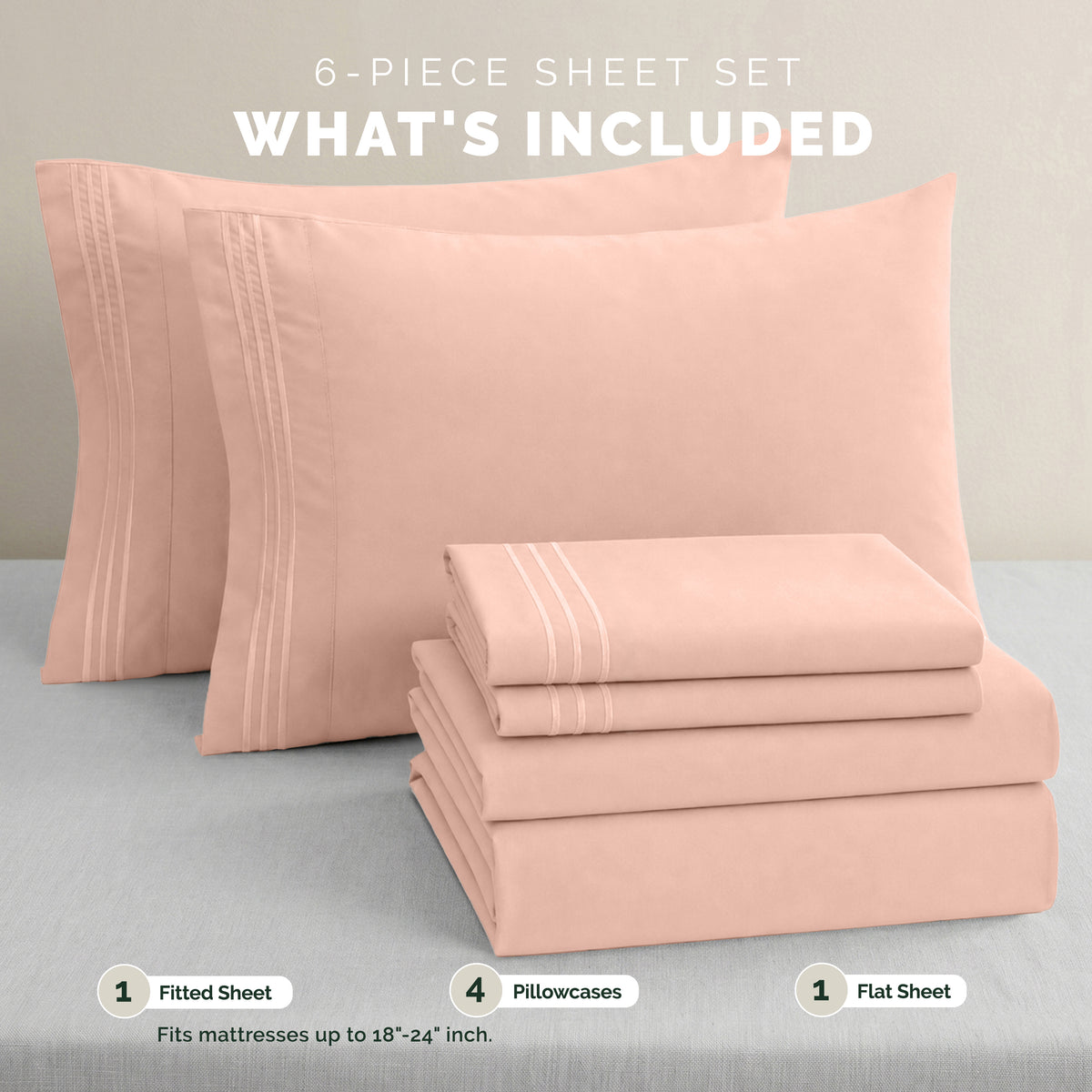 Extra deep Pocket 3 Line Embroidery, 6-Piece Sheet Set