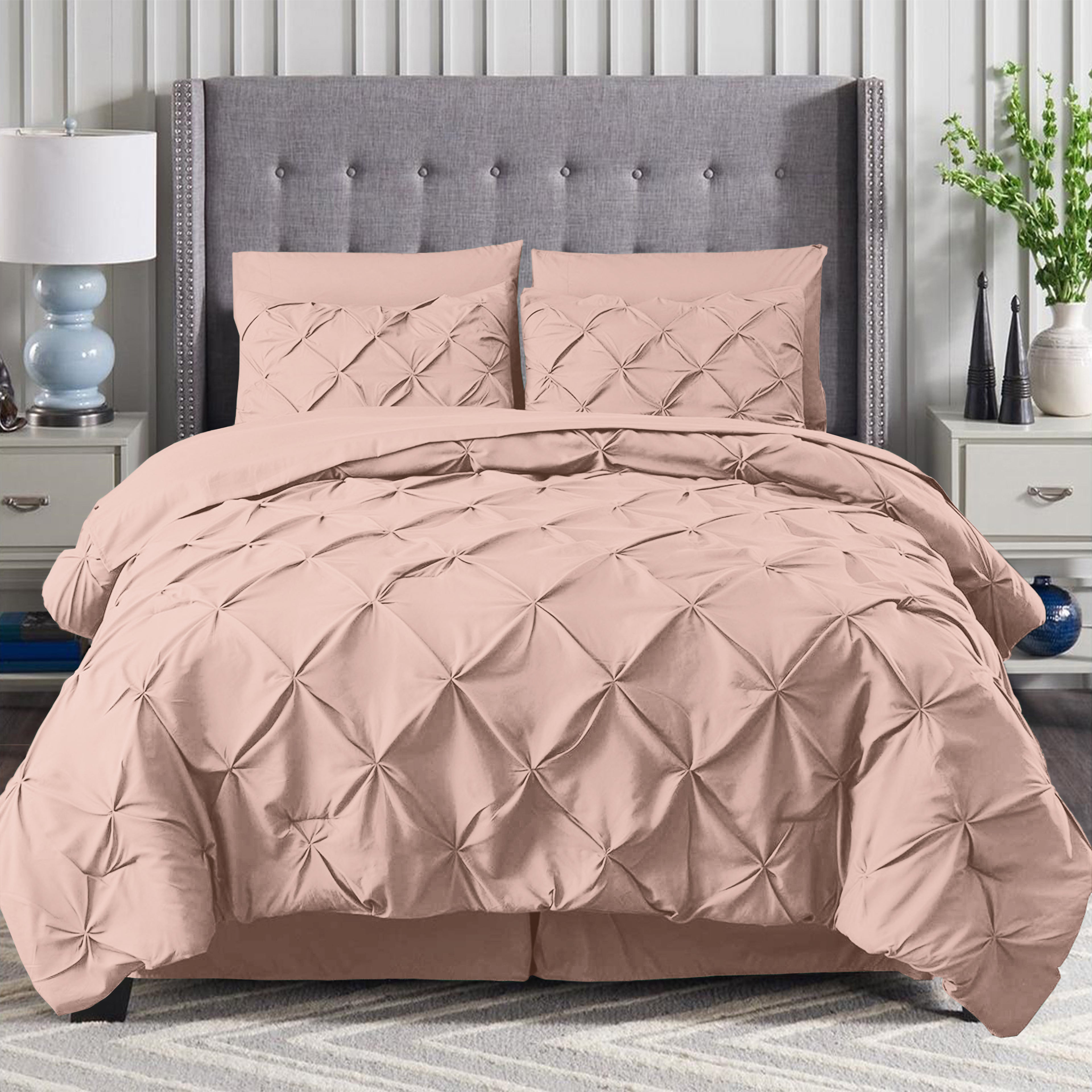 8-Piece Pintuck Pinch Pleated Comforter Set - Includes 4-Piece Sheet Set with Double Sided Storage Pockets