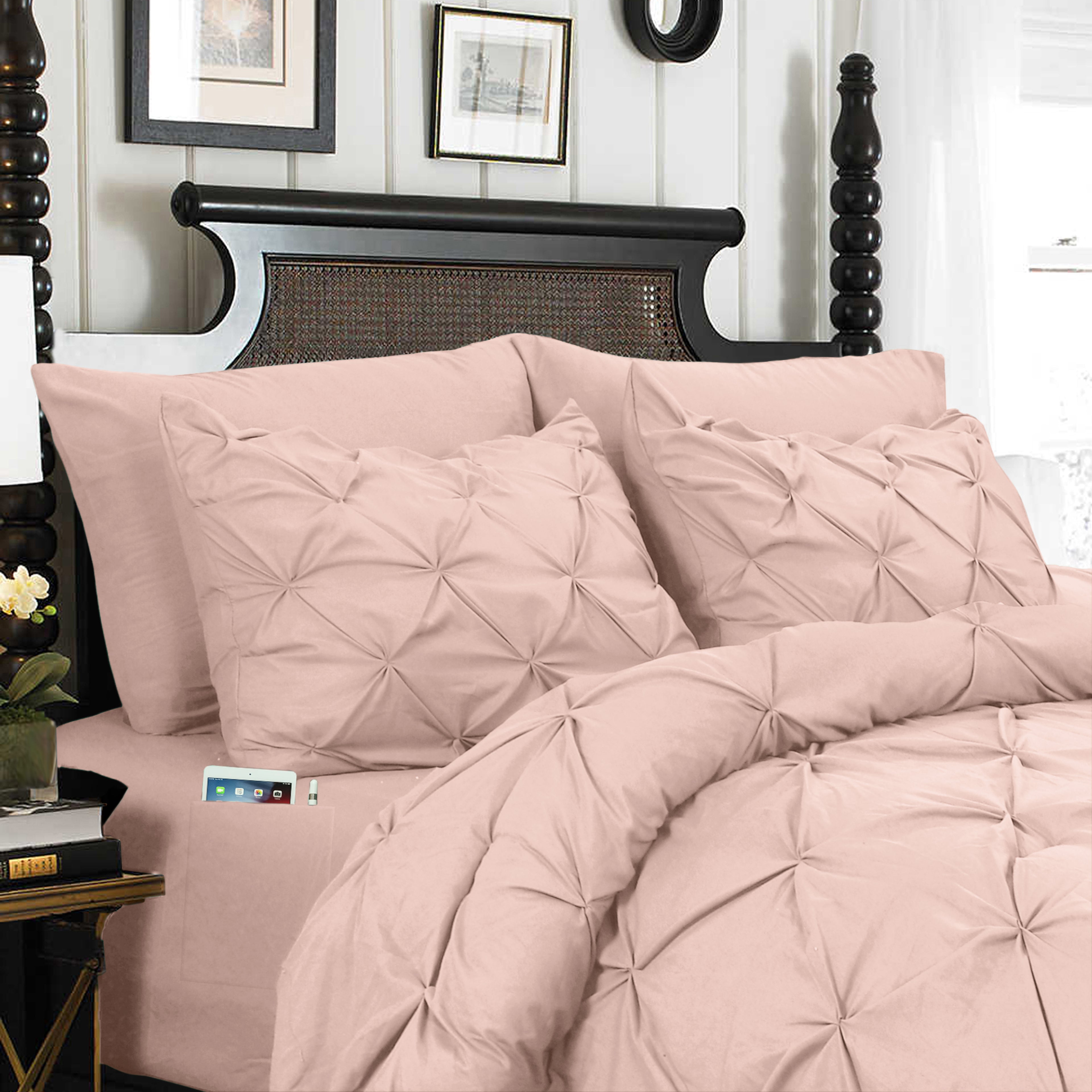 8-Piece Pintuck Pinch Pleated Comforter Set - Includes 4-Piece Sheet Set with Double Sided Storage Pockets