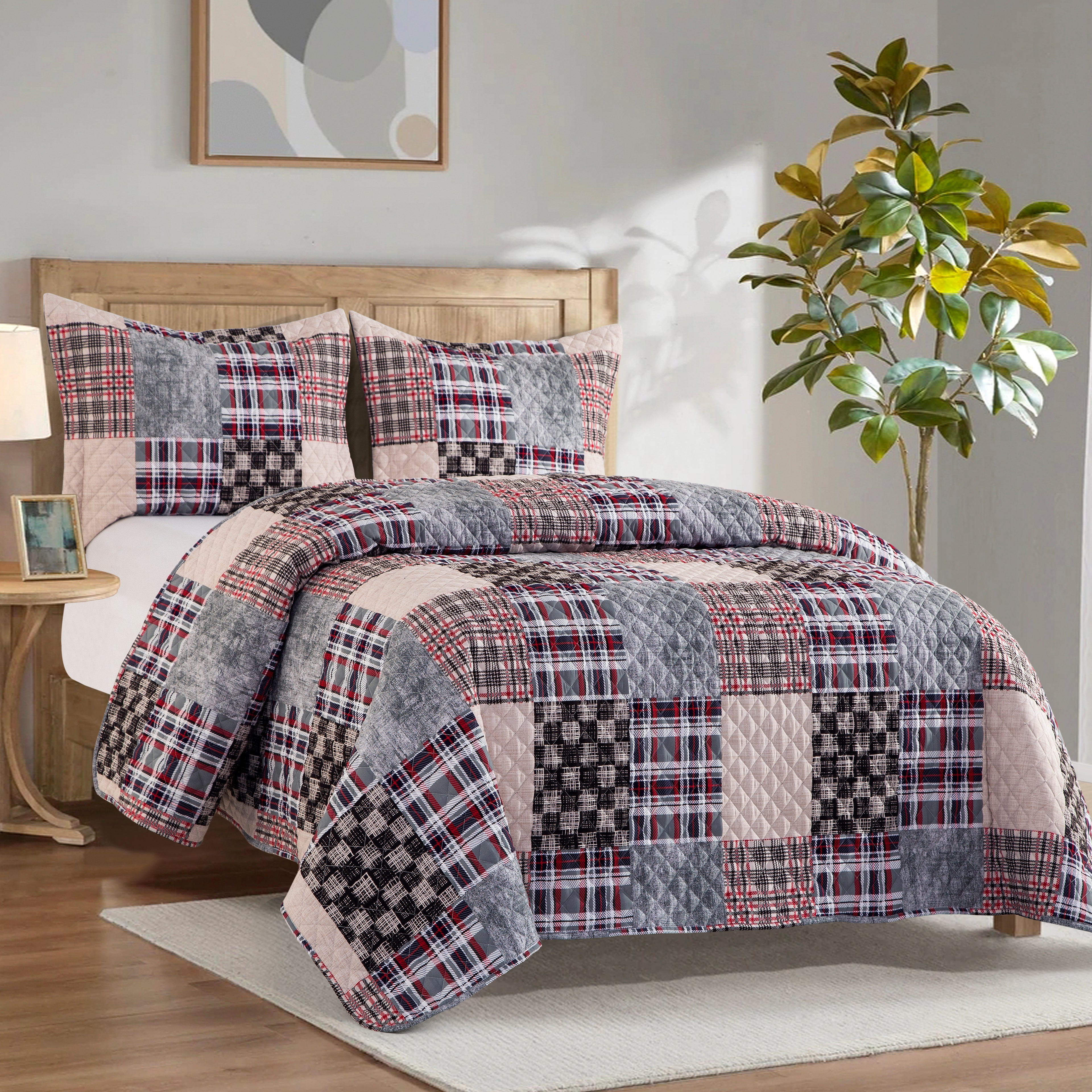 3-Piece Patch Plaid Quilted Reversible Bedspread Coverlet Set