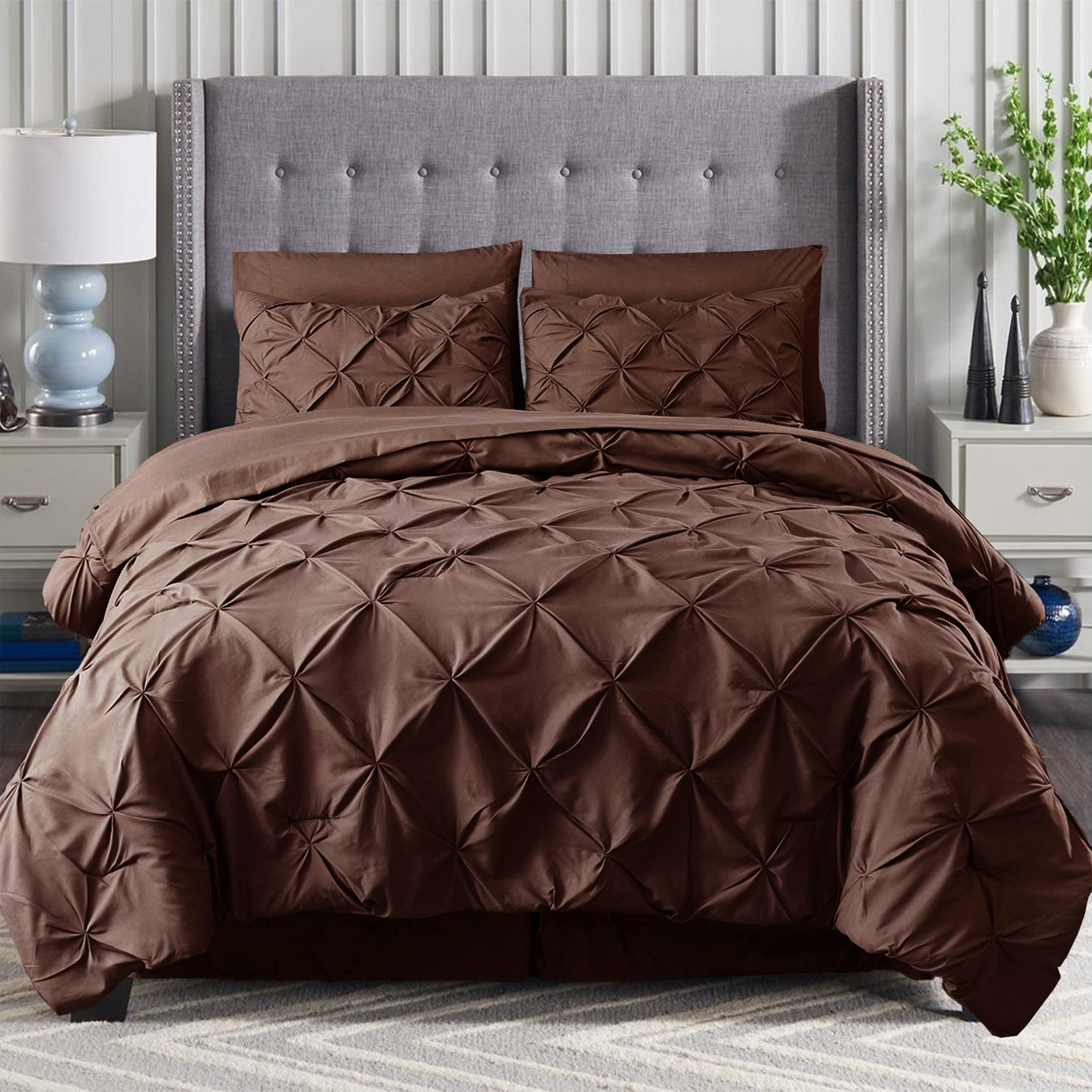 8-Piece Pintuck Pinch Pleated Comforter Set - Includes 4-Piece Sheet Set with Double Sided Storage Pockets