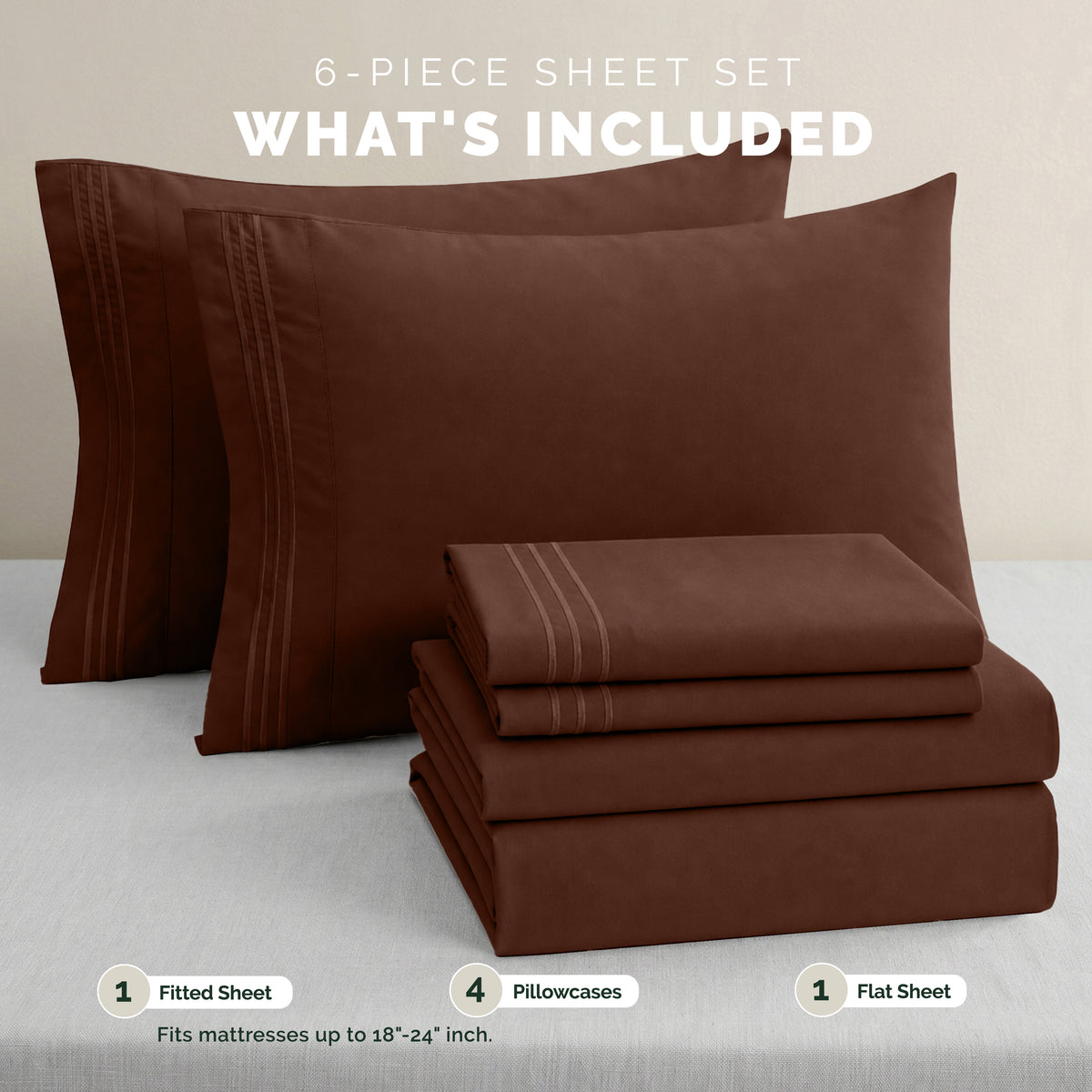 Extra deep 18-24 Inch Pocket 3 Line Embroidery, 6-Piece Sheet Set, Moody Shades