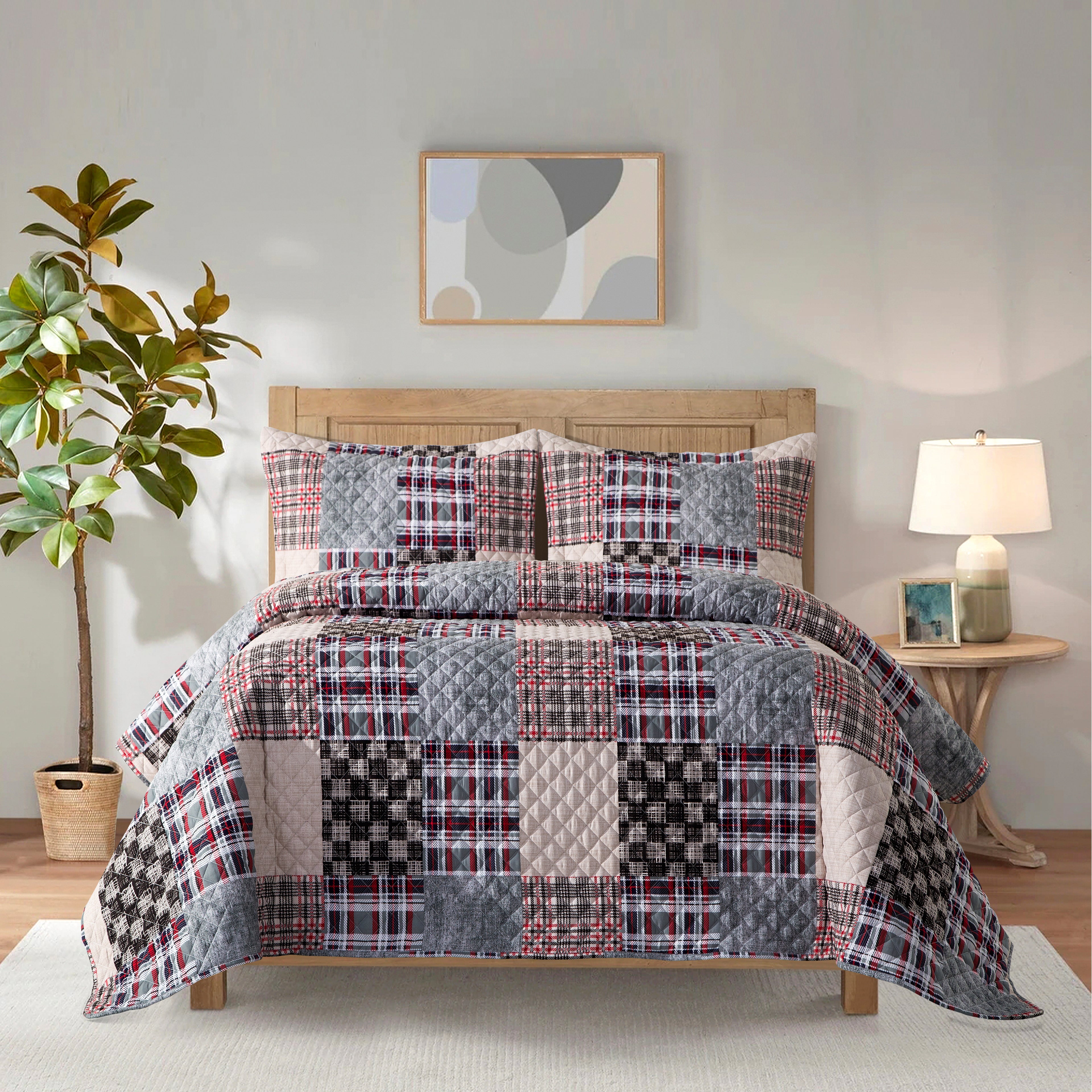 3-Piece Patch Plaid Quilted Reversible Bedspread Coverlet Set