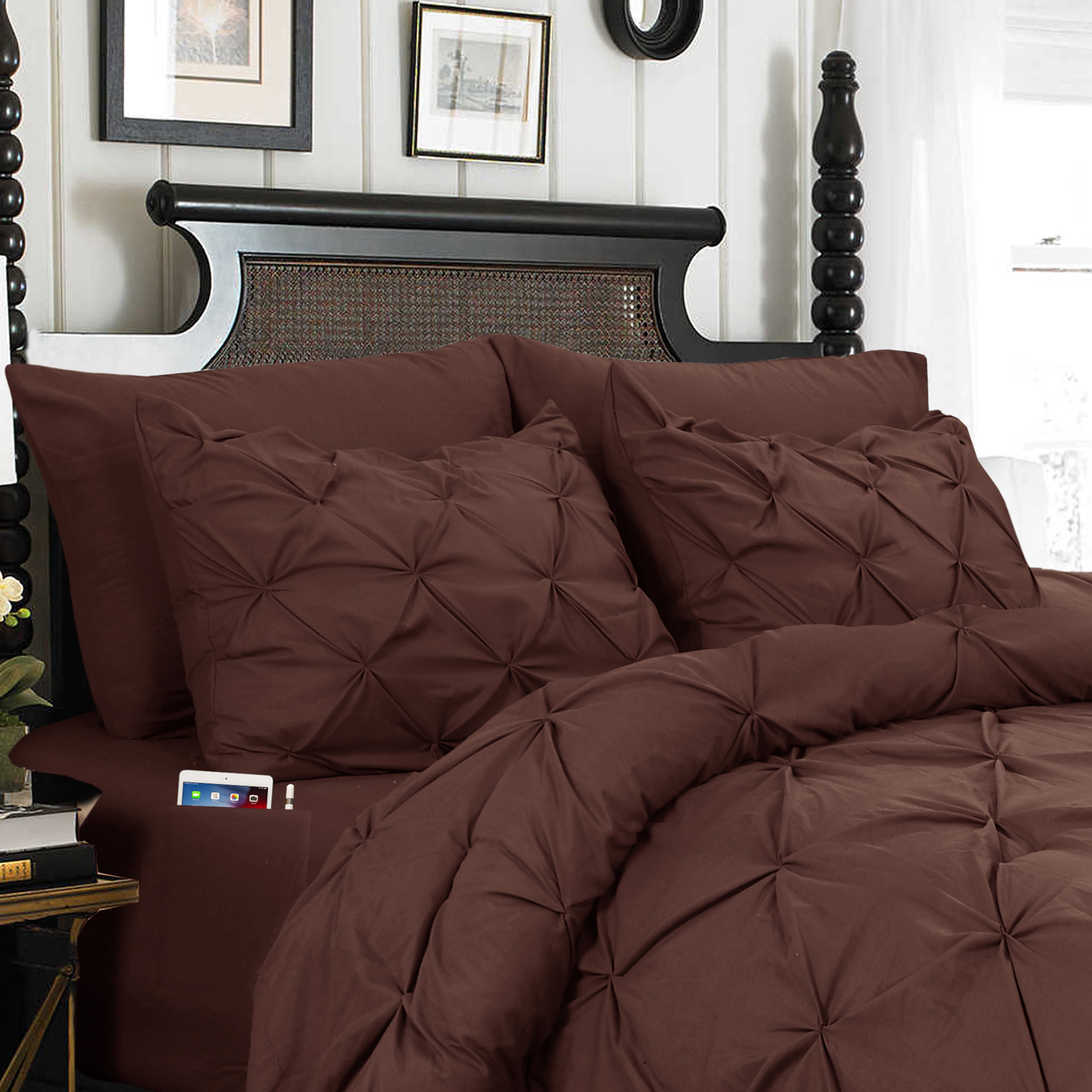 8-Piece Pintuck Pinch Pleated Comforter Set - Includes 4-Piece Sheet Set with Double Sided Storage Pockets