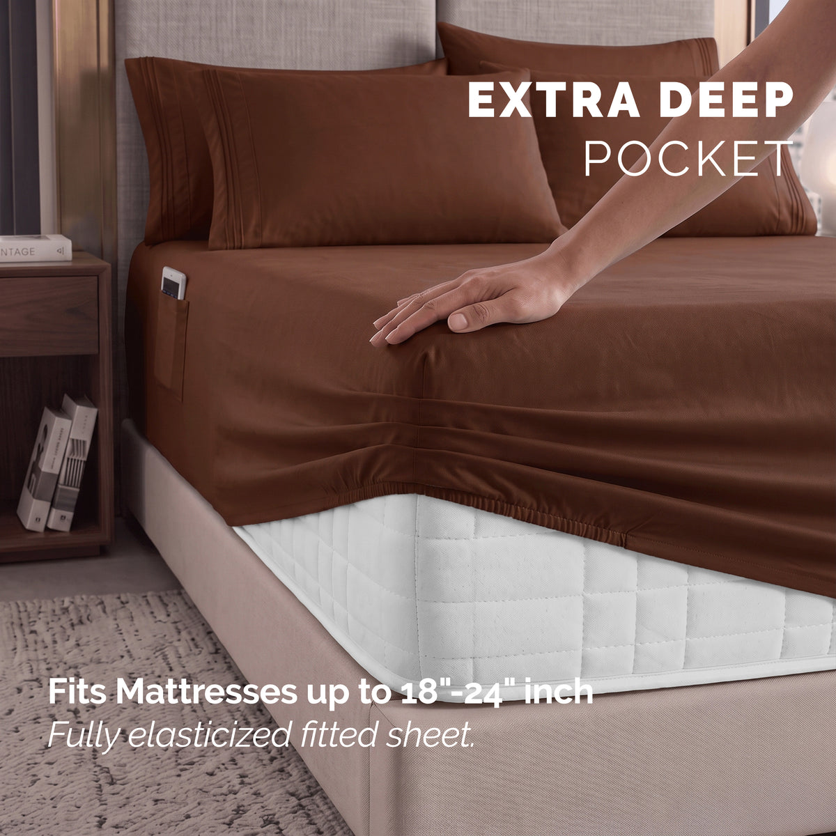 Extra deep 18-24 Inch Pocket 3 Line Embroidery, 6-Piece Sheet Set, Moody Shades
