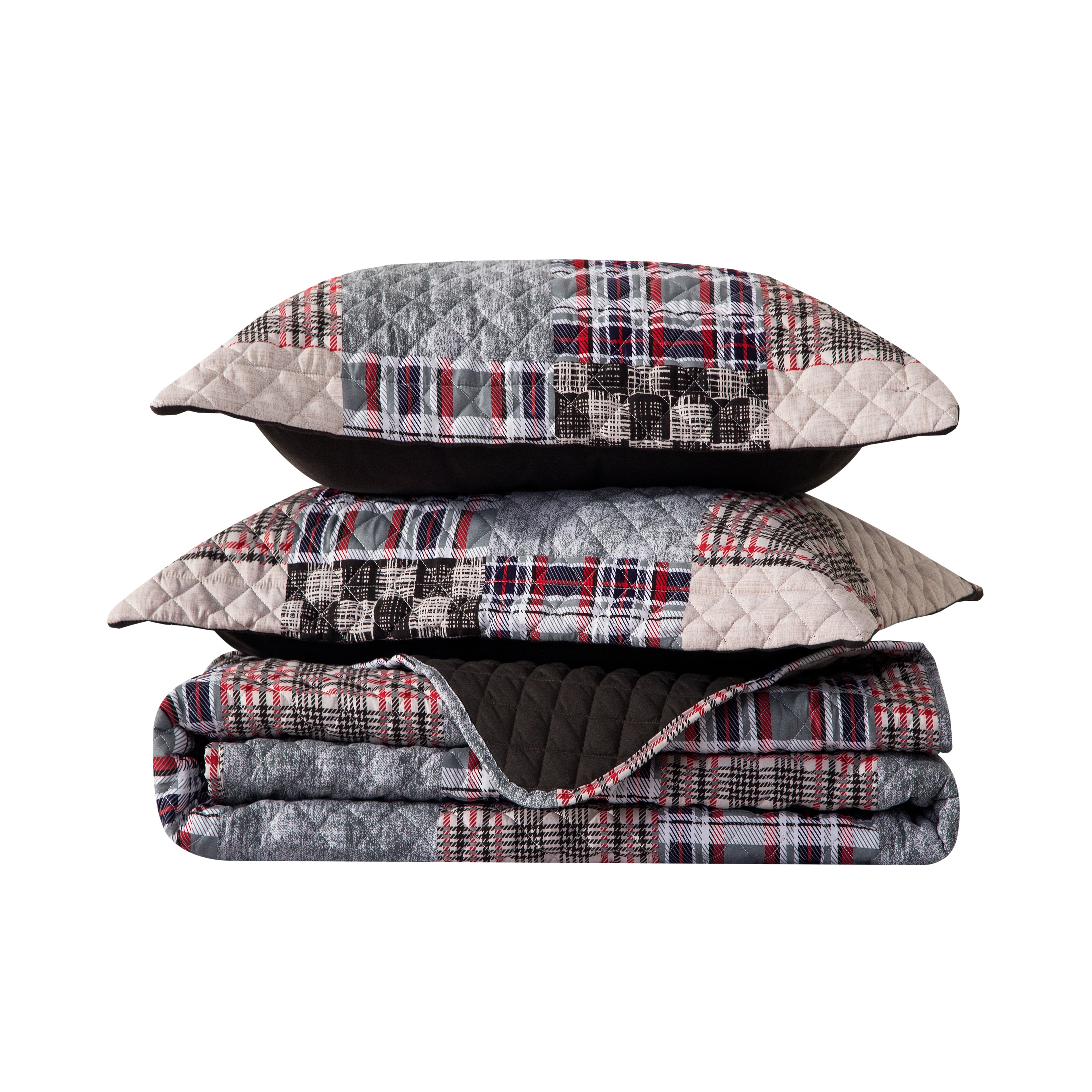 3-Piece Patch Plaid Quilted Reversible Bedspread Coverlet Set