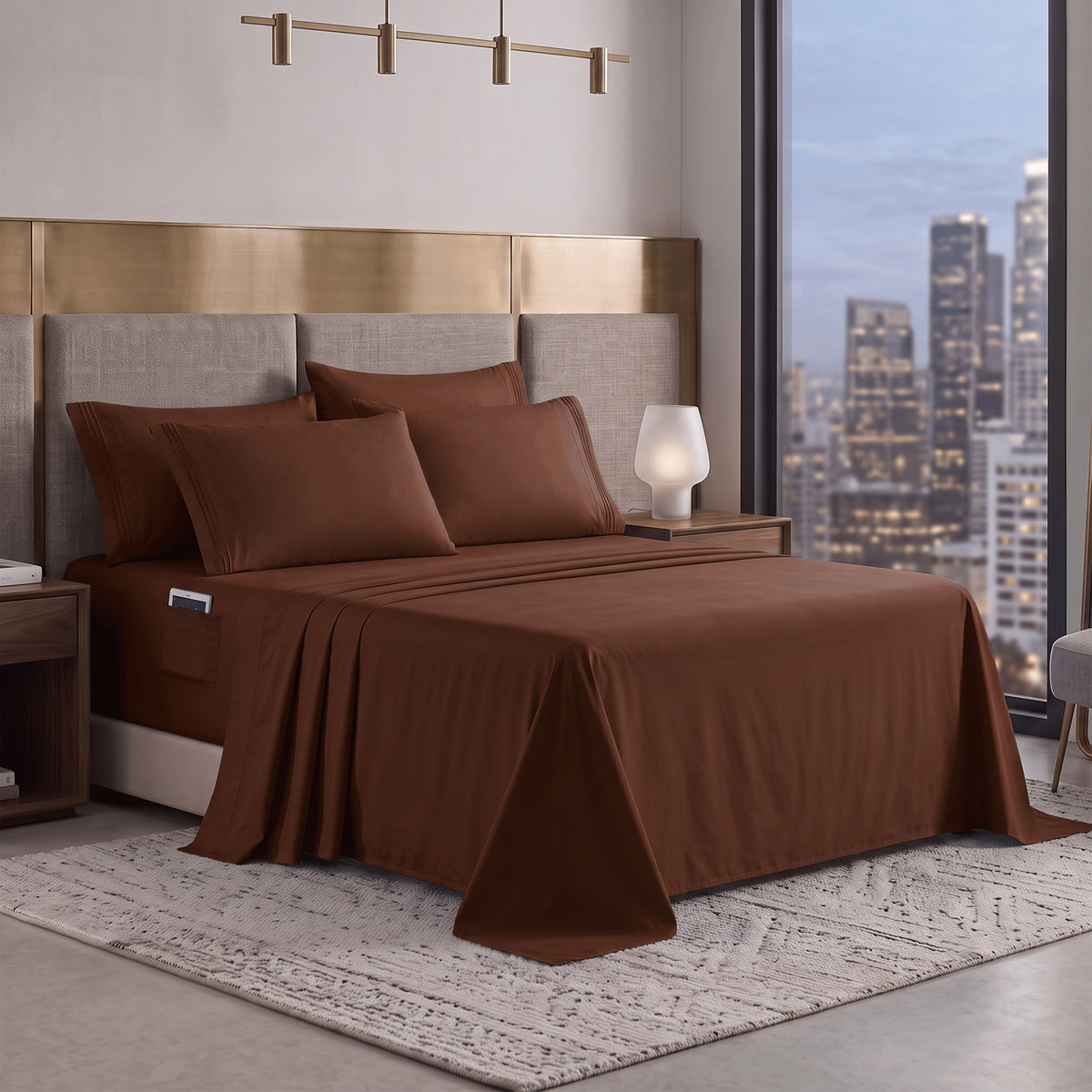 Extra deep 18-24 Inch Pocket 3 Line Embroidery, 6-Piece Sheet Set, Moody Shades