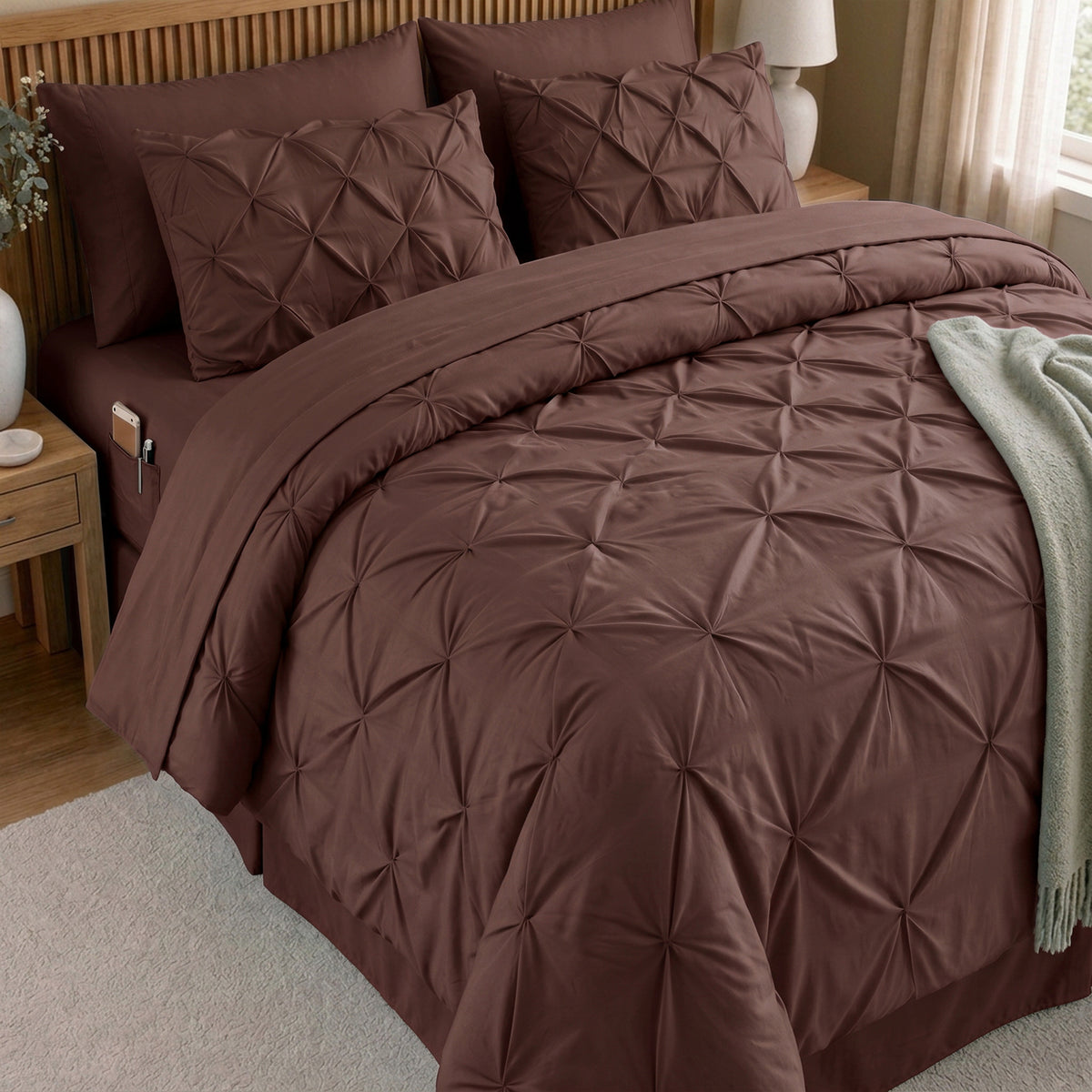 8-Piece Pintuck Pinch Pleated Comforter Set - Includes 4-Piece Sheet Set with Double Sided Storage Pockets