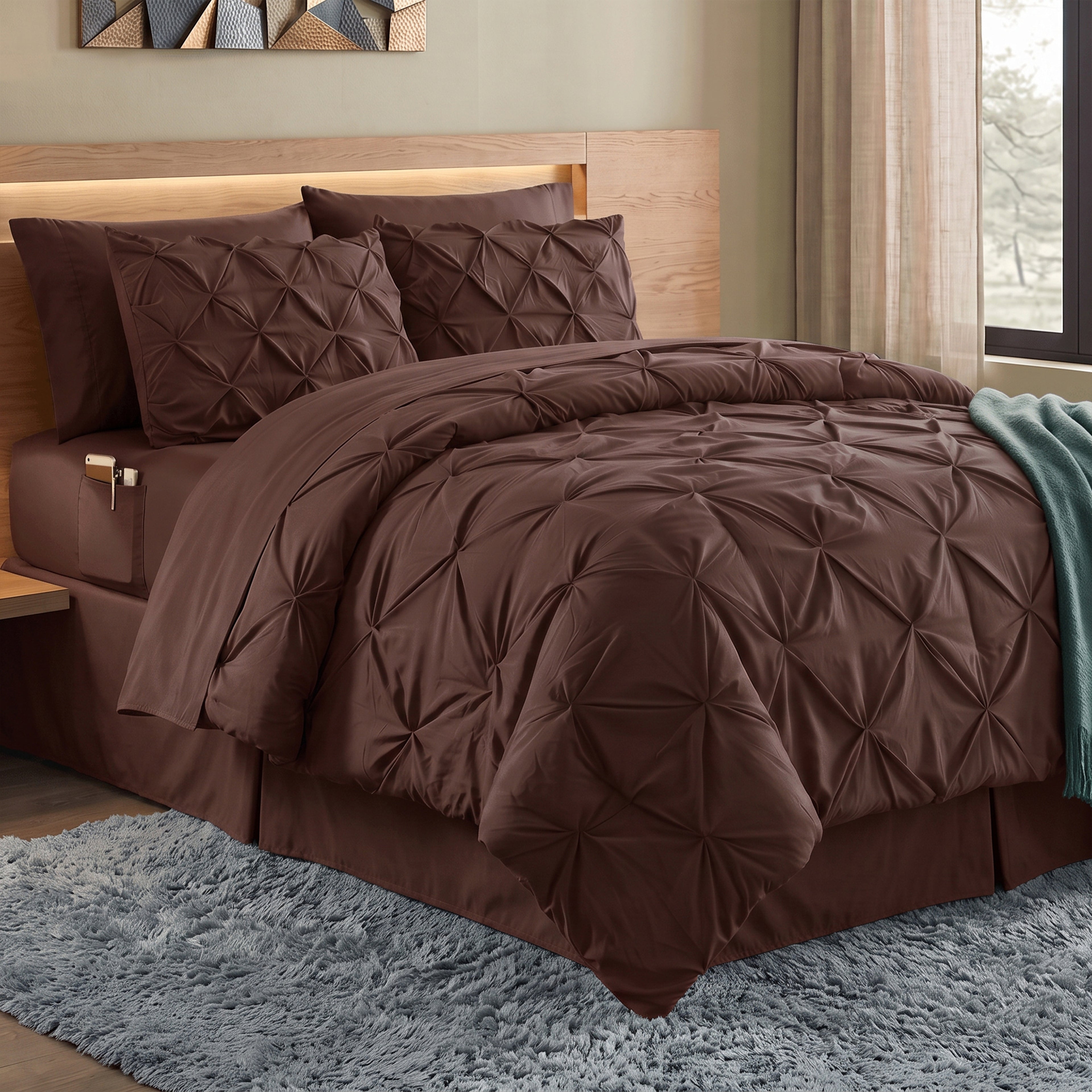8-Piece Pintuck Pinch Pleated Comforter Set - Includes 4-Piece Sheet Set with Double Sided Storage Pockets