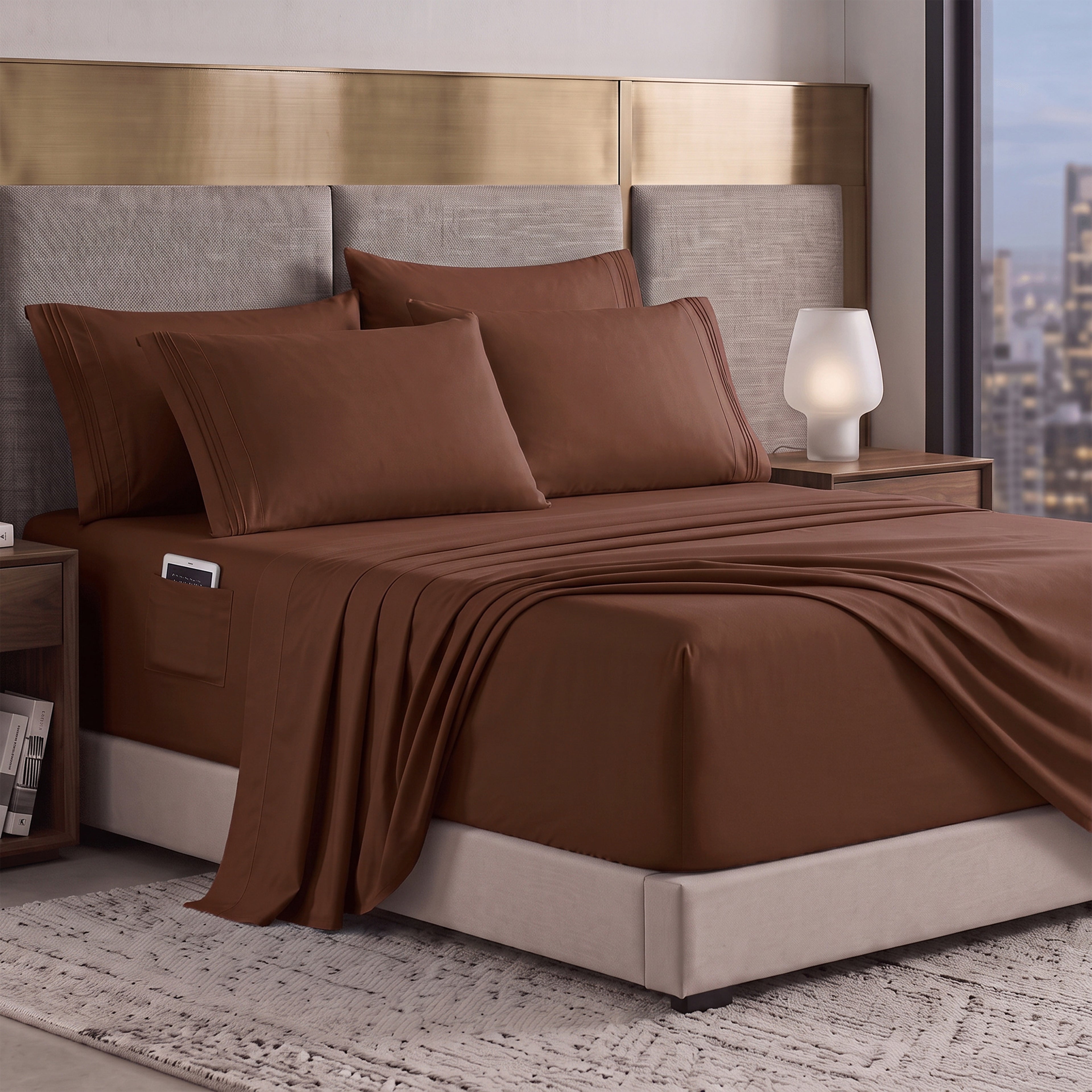Extra deep 18-24 Inch Pocket 3 Line Embroidery, 6-Piece Sheet Set, Moody Shades