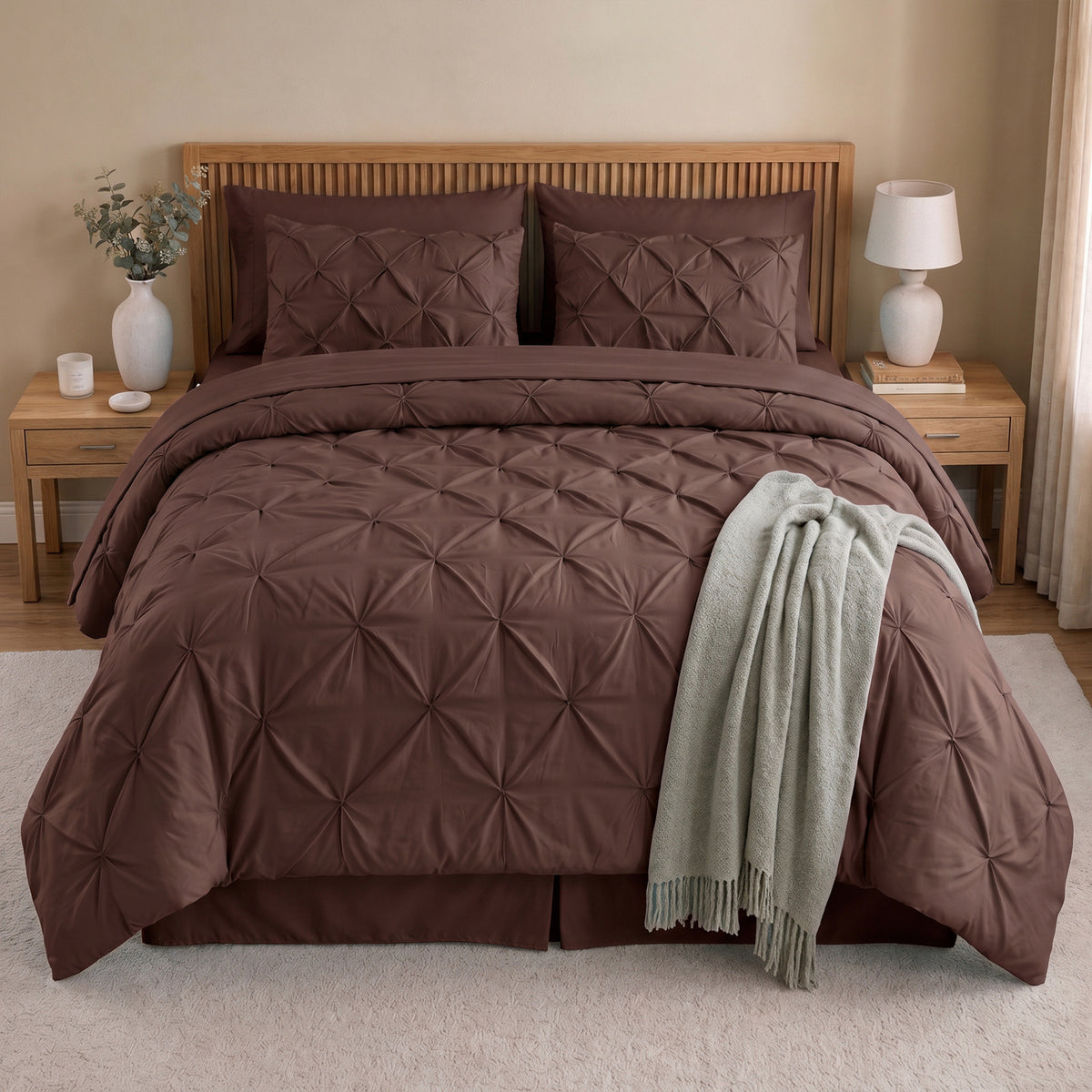 8-Piece Pintuck Pinch Pleated Comforter Set - Includes 4-Piece Sheet Set with Double Sided Storage Pockets