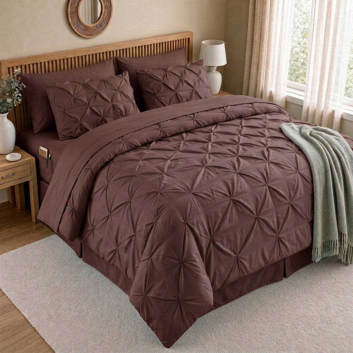 8-Piece Pintuck Pinch Pleated Comforter Set - Includes 4-Piece Sheet Set with Double Sided Storage Pockets