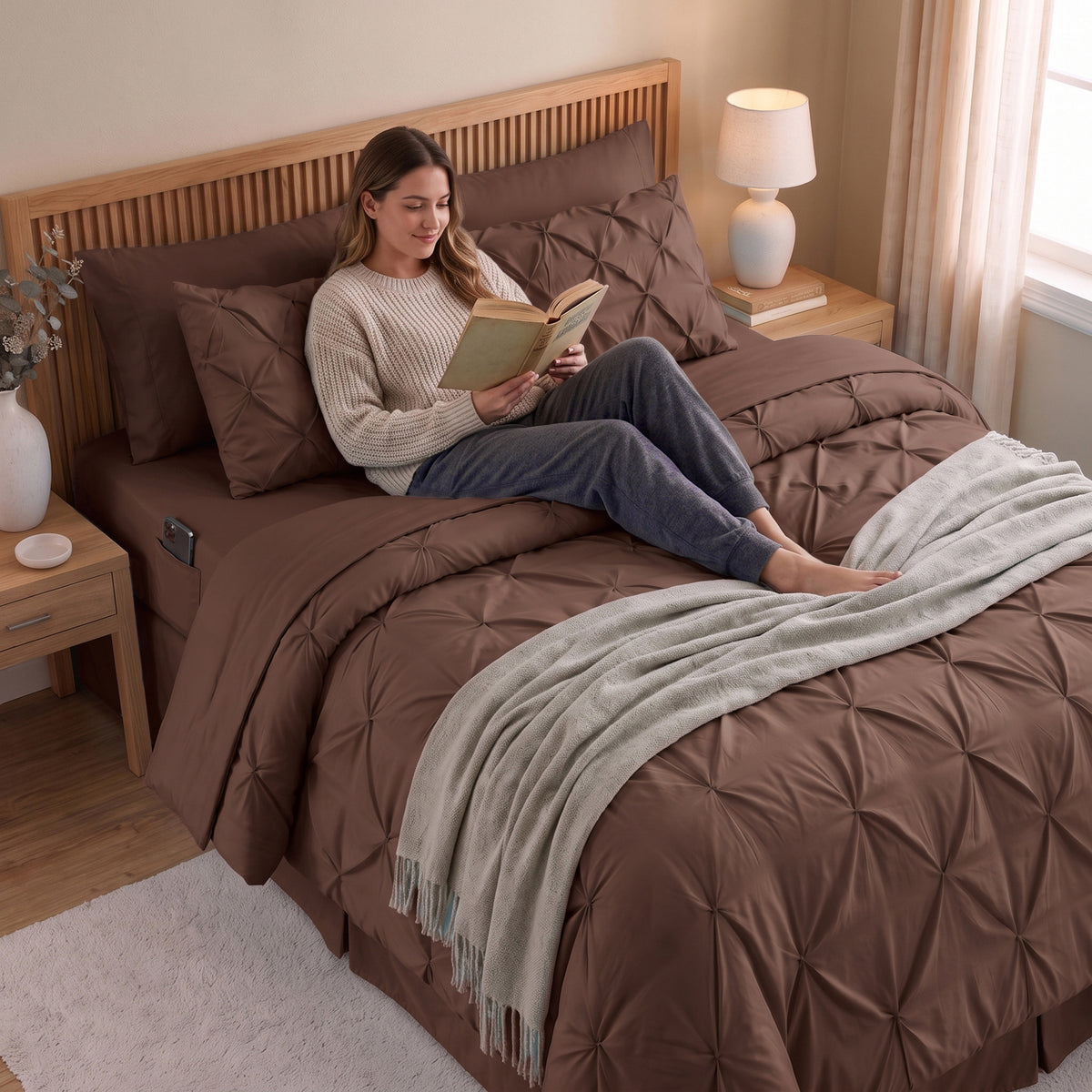 8-Piece Pintuck Pinch Pleated Comforter Set - Includes 4-Piece Sheet Set with Double Sided Storage Pockets