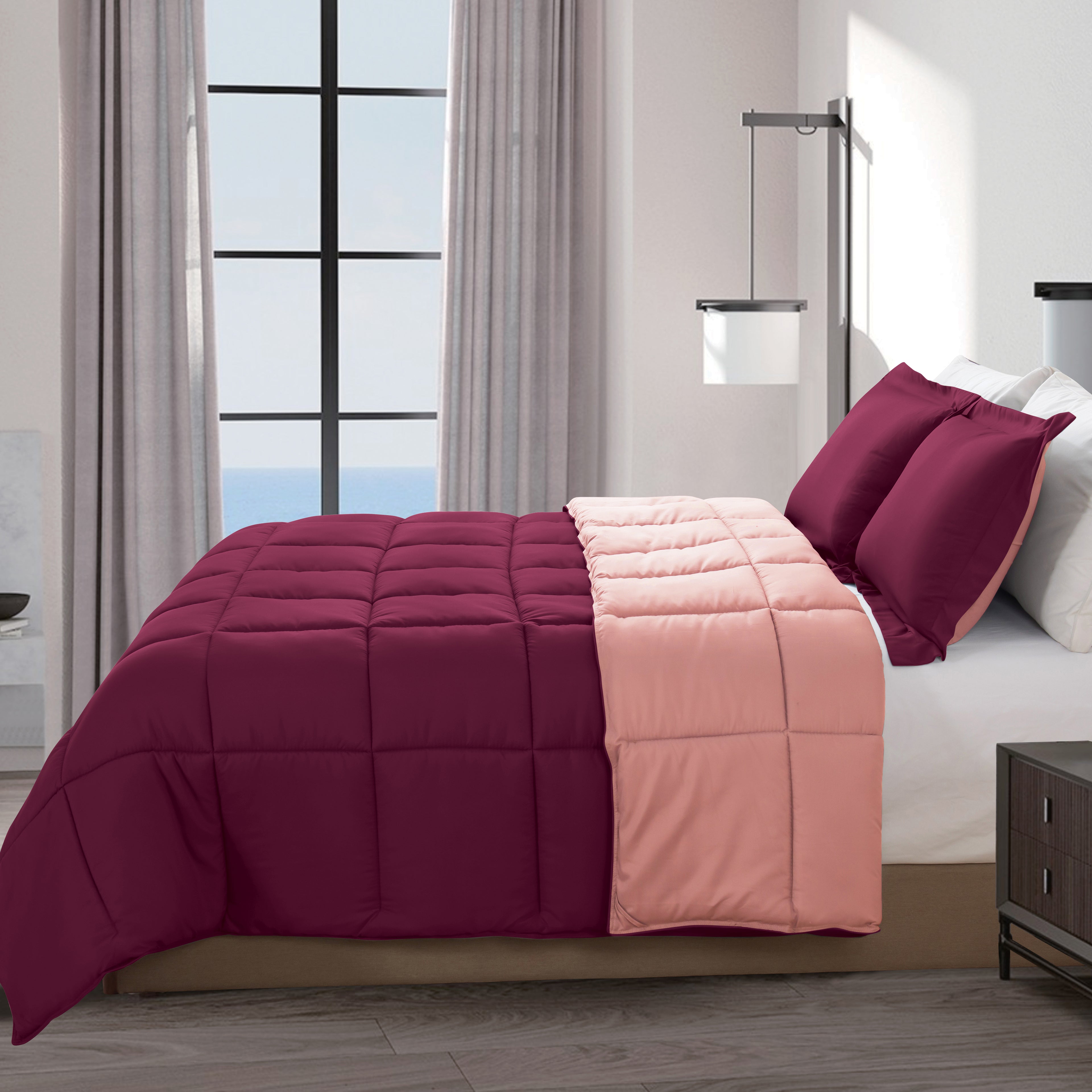 Reversible 3-Piece Box Stitched Comforter & Shams - Duvet Insert with 4 Corner Tabs