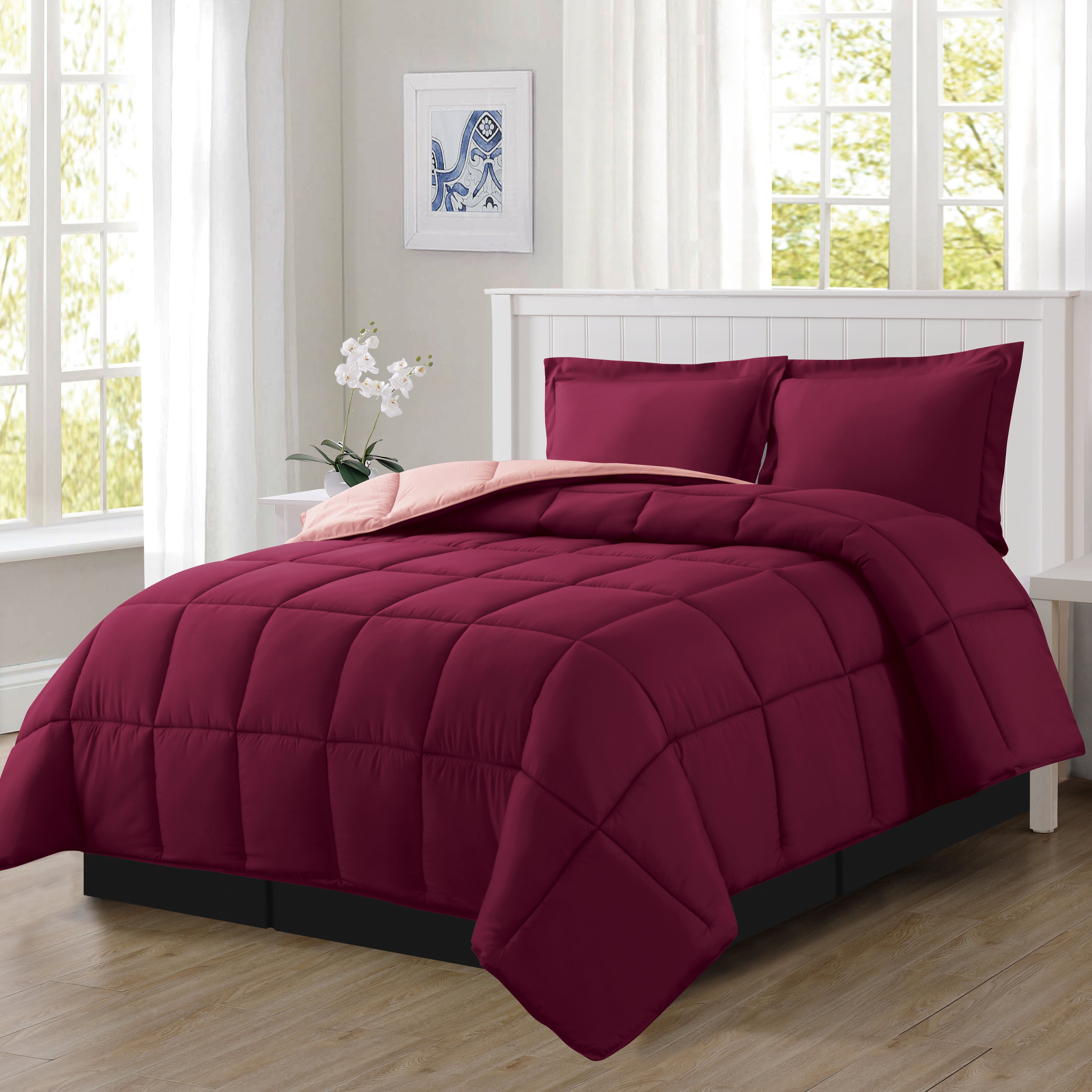 Reversible 3-Piece Box Stitched Comforter & Shams - Duvet Insert with 4 Corner Tabs