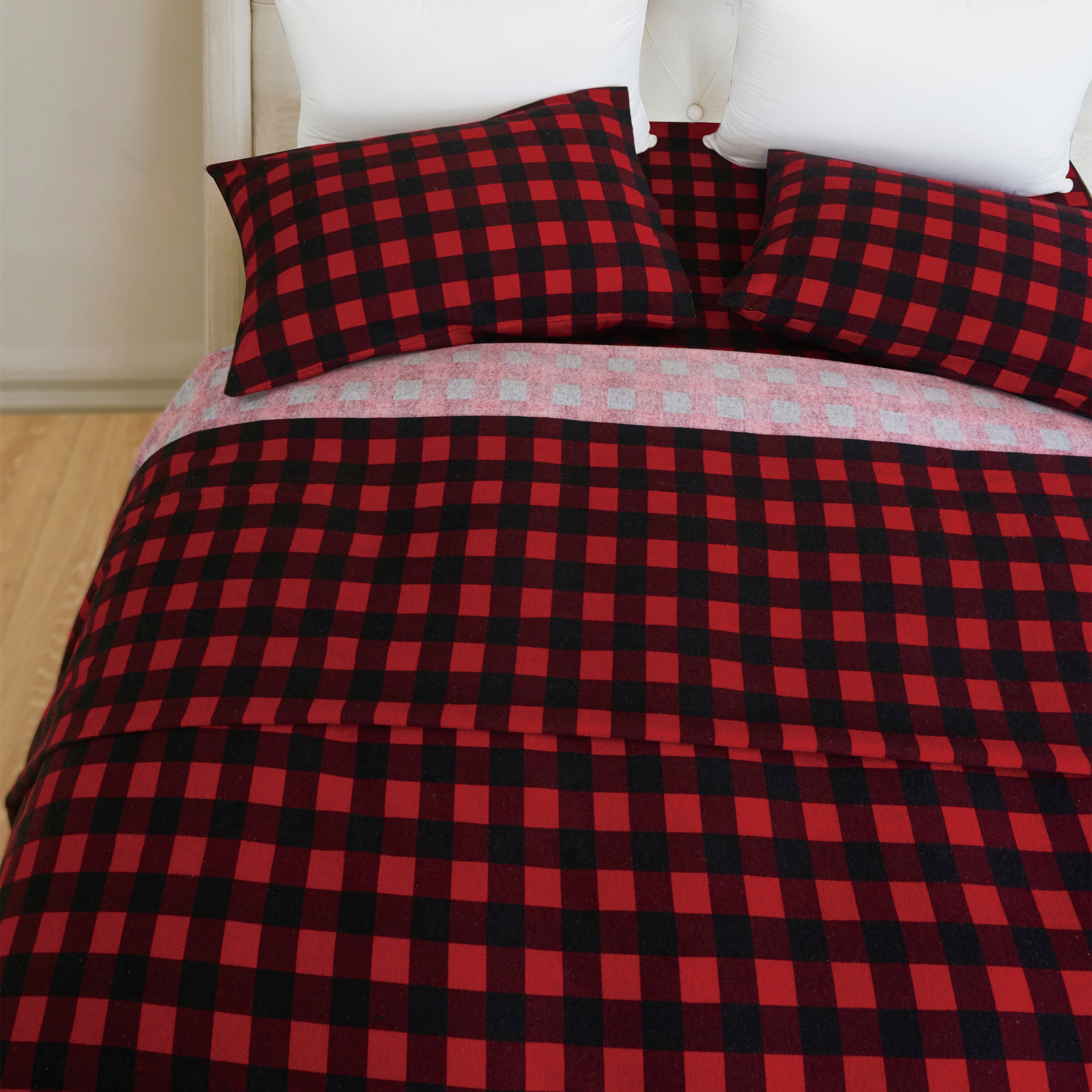 Buffalo Checkered Pattern - 100% Turkish Cotton Flannel, 4-Piece Flannel Sheet Set