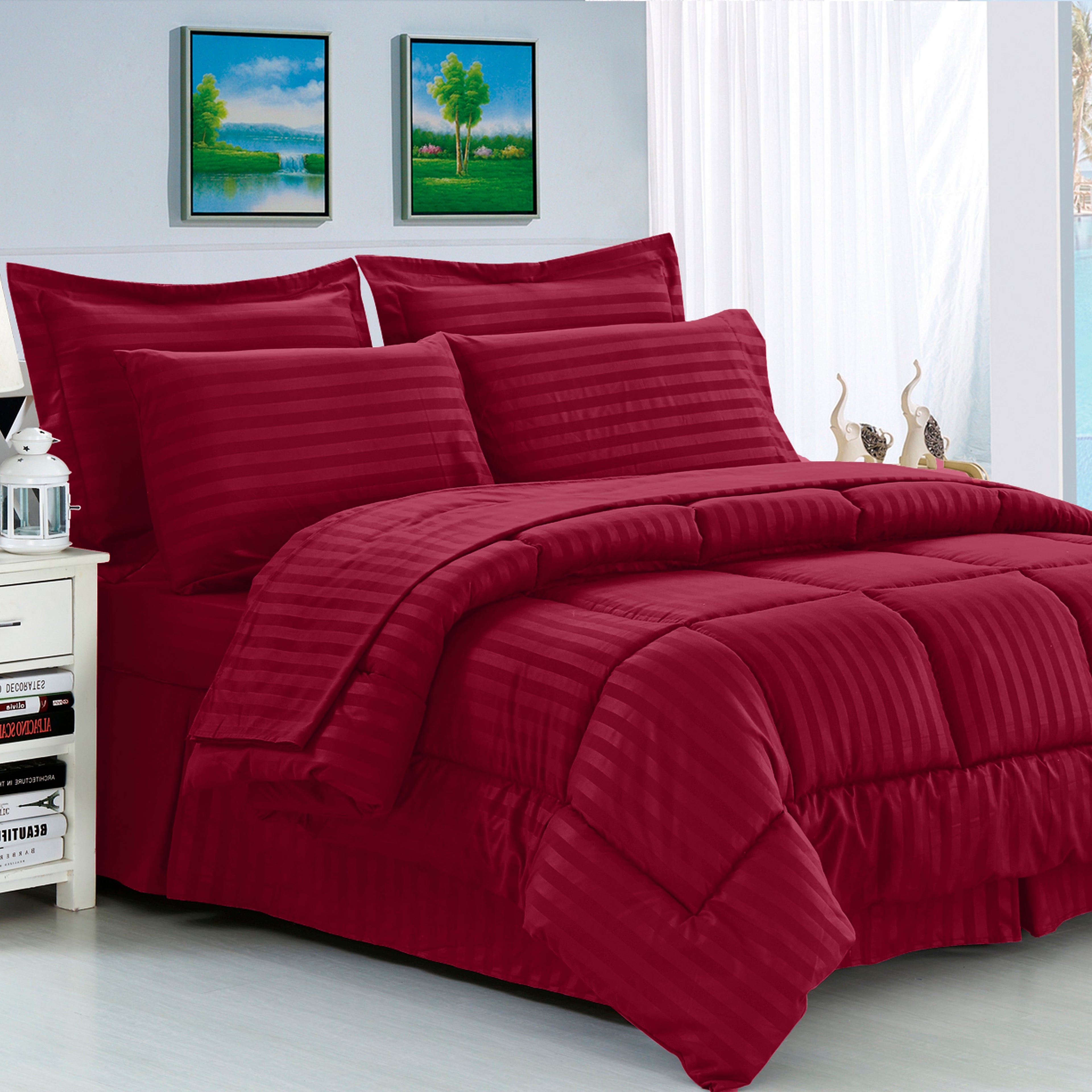 8-Piece Dobby Stripe Comforter Set - Includes 4-Piece Sheet Set with Double Sided Storage Pockets