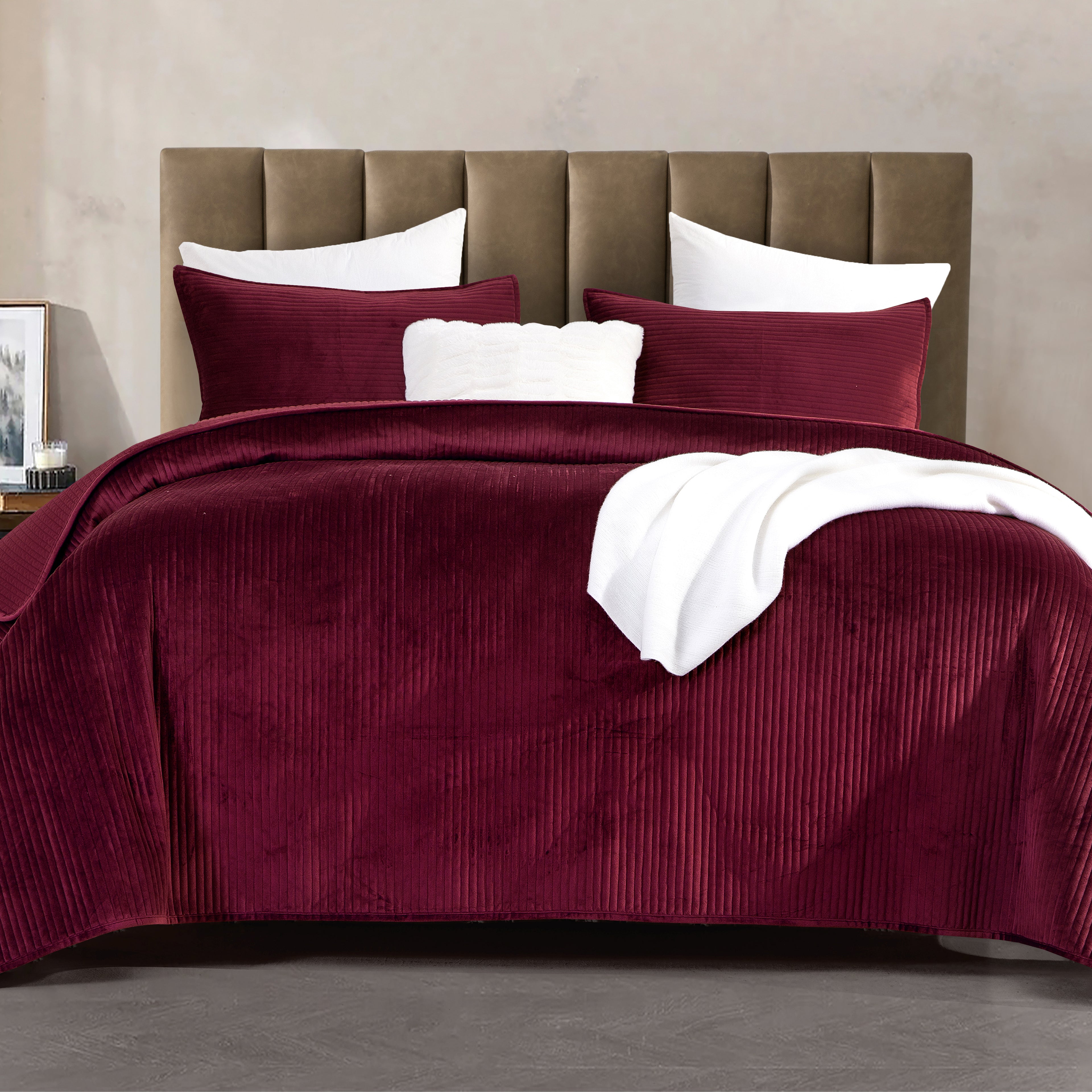 3-Piece Velvet Corduroy Stripe Quilted Bedspread Coverlet Set