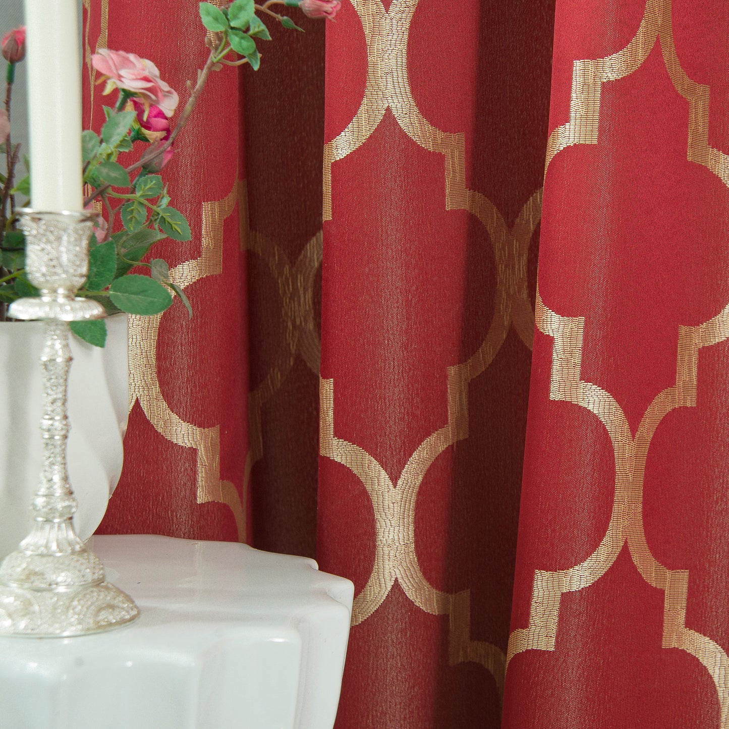 Elegant Comfort 2-Piece Quatrefoil - Moroccan Trellis Jacquard Look Curtain Panels- Attached Valance - 54" W x 84" L, Set of 2
