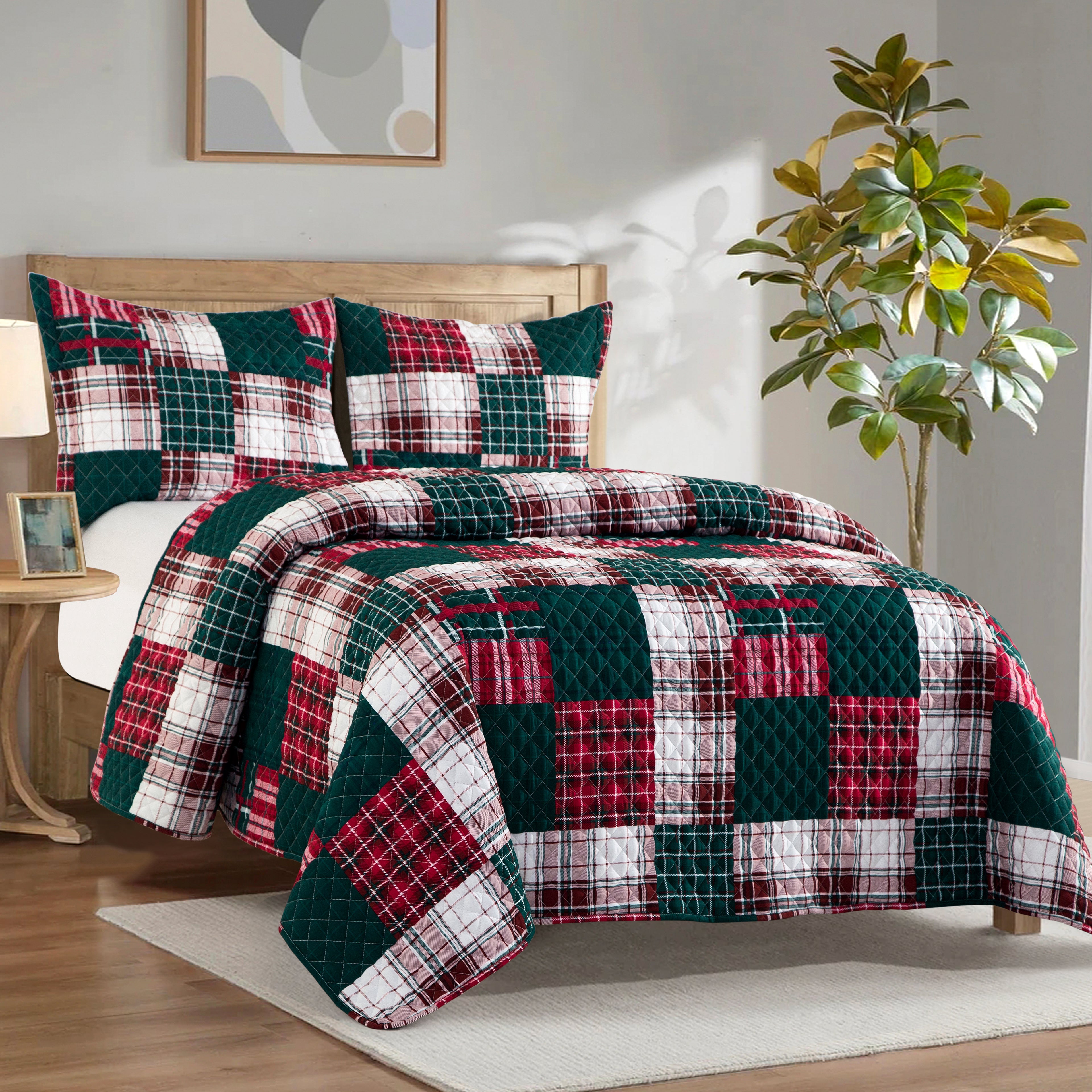 3-Piece Patch Plaid Quilted Reversible Bedspread Coverlet Set