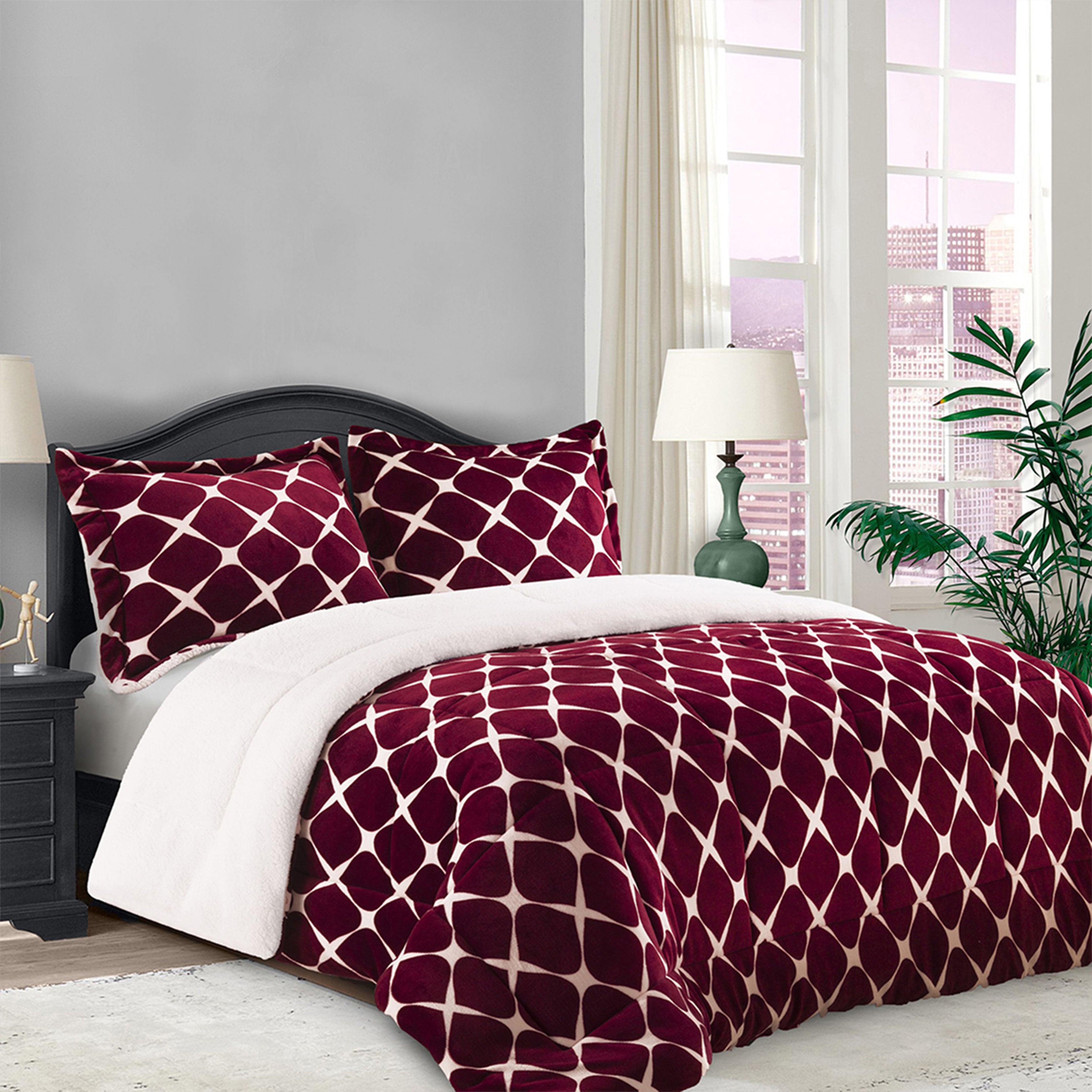 3-Piece Micro-Suede Reversible Sherpa - Bloomingdale Pattern Comforter Set
