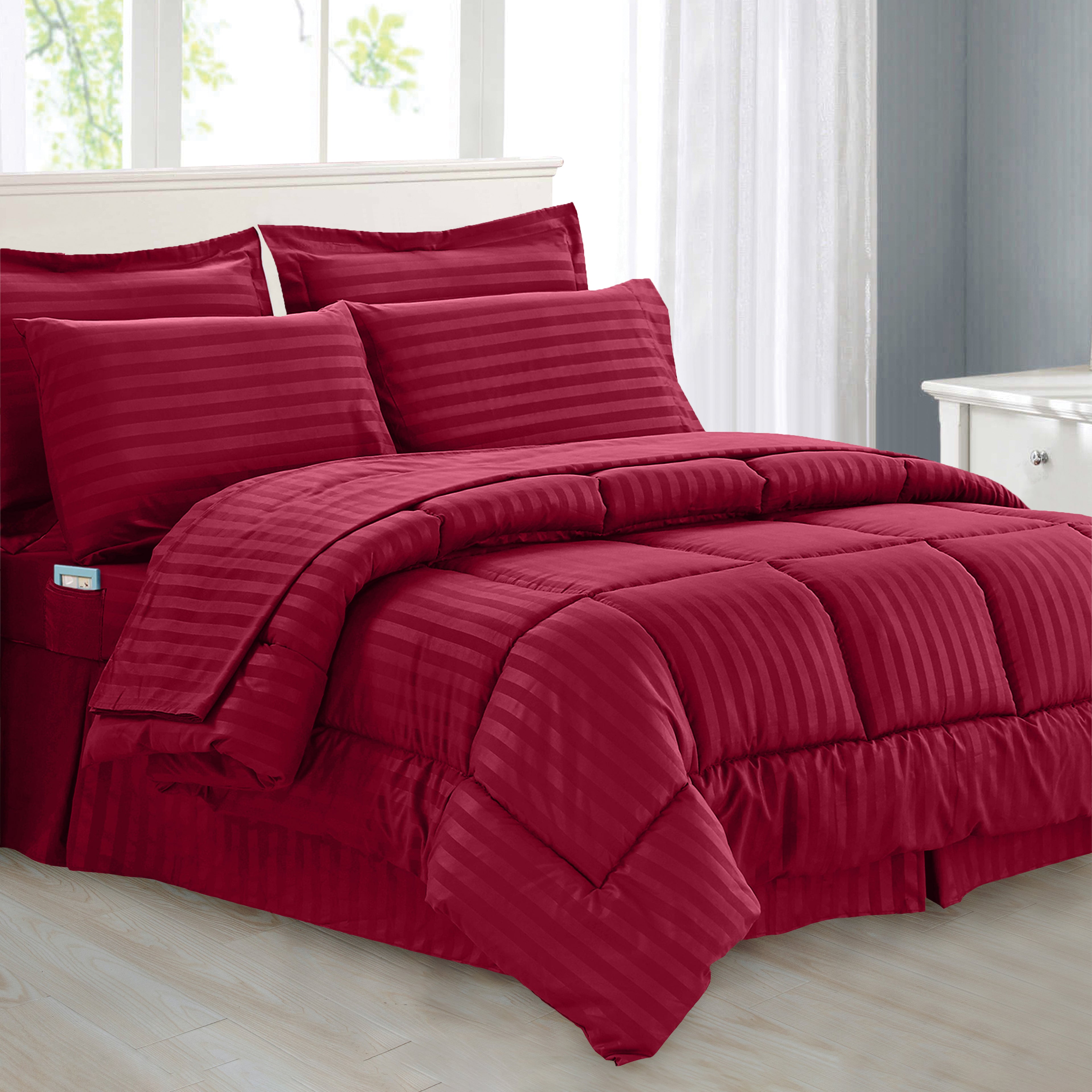 8-Piece Dobby Stripe Comforter Set - Includes 4-Piece Sheet Set with Double Sided Storage Pockets