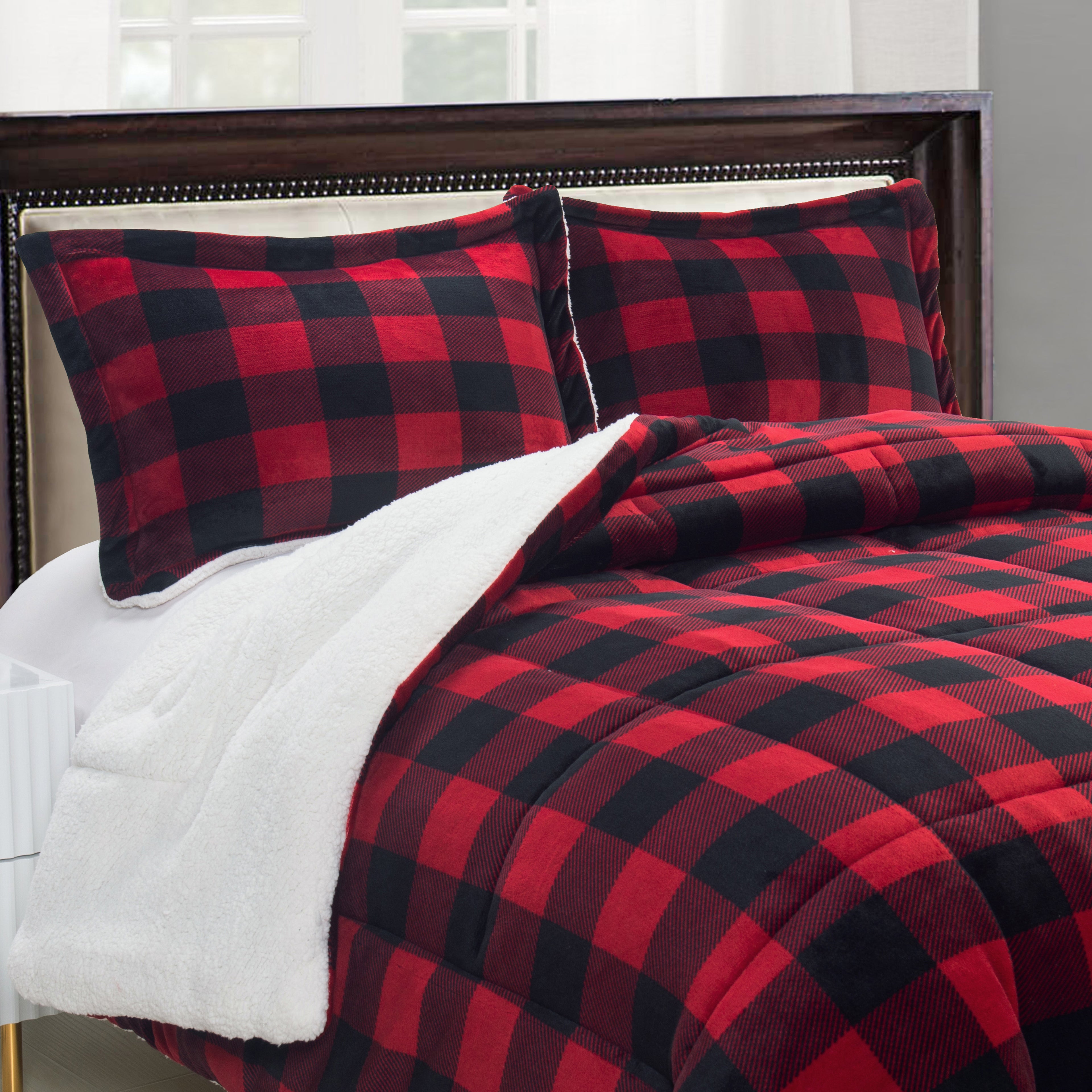 3-Piece Buffalo Micro-Suede Reversible Sherpa - Lodge-Plaid Pattern Comforter Set