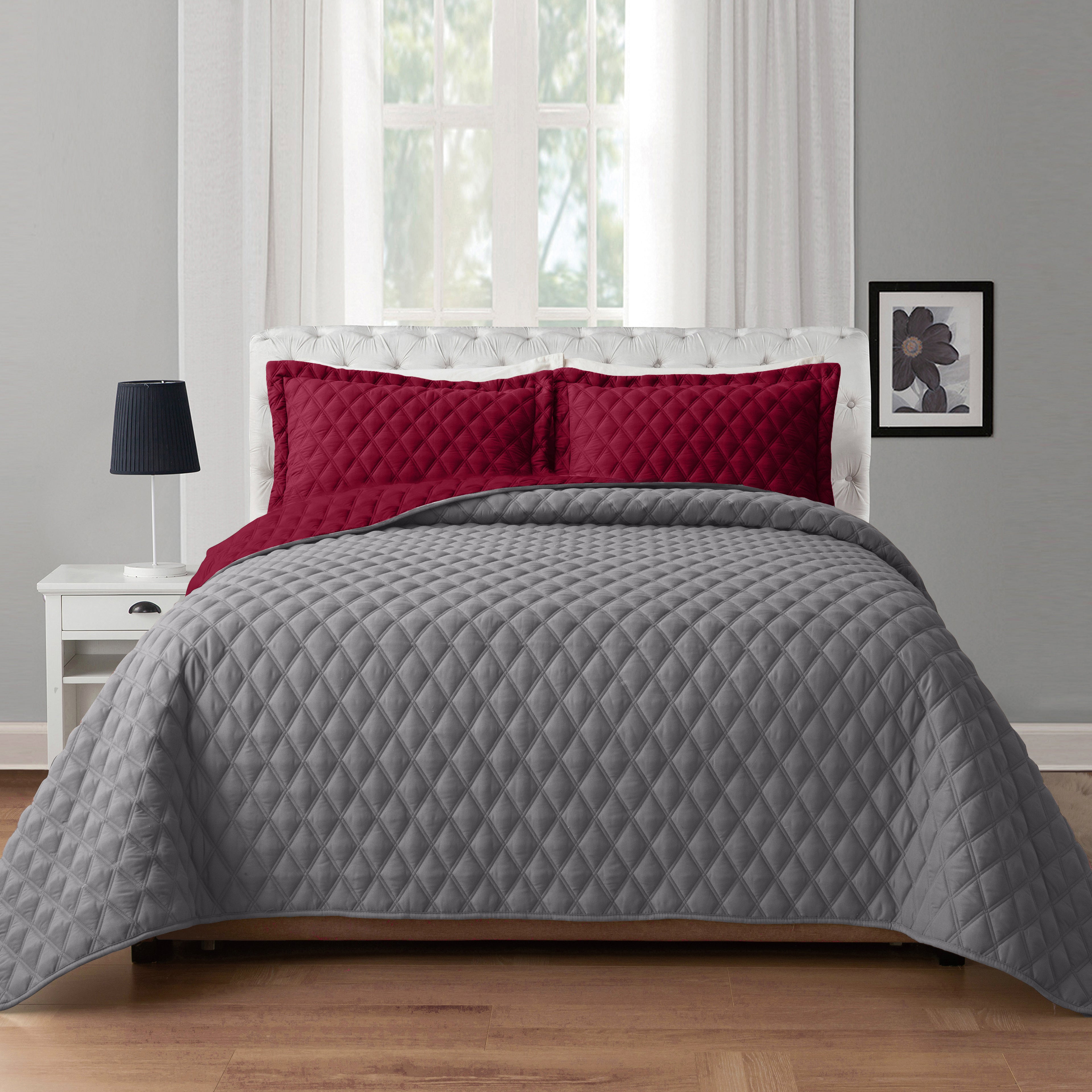 3-Piece Diamond Quilted Reversible Bedspread Coverlet Set