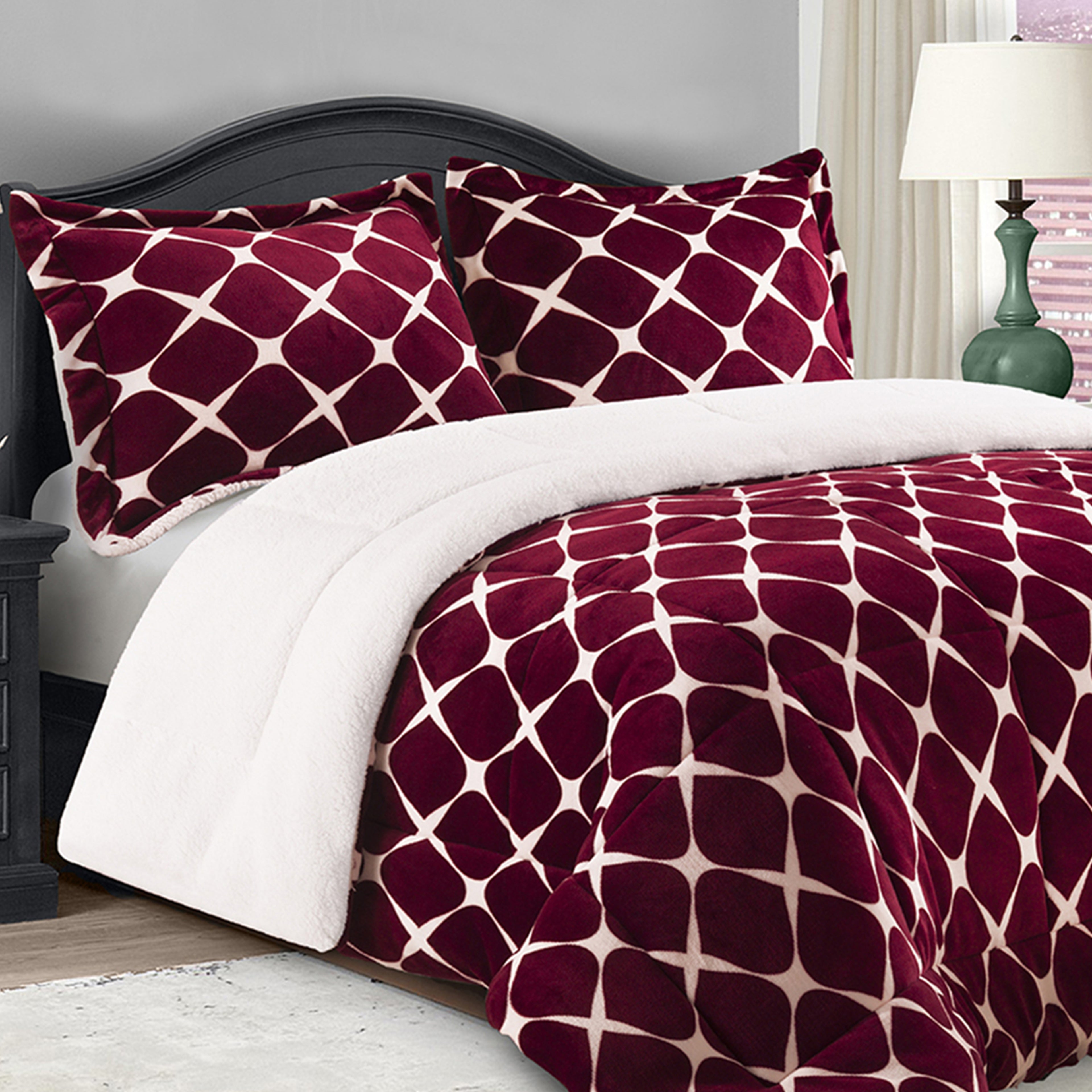 3-Piece Micro-Suede Reversible Sherpa - Bloomingdale Pattern Comforter Set