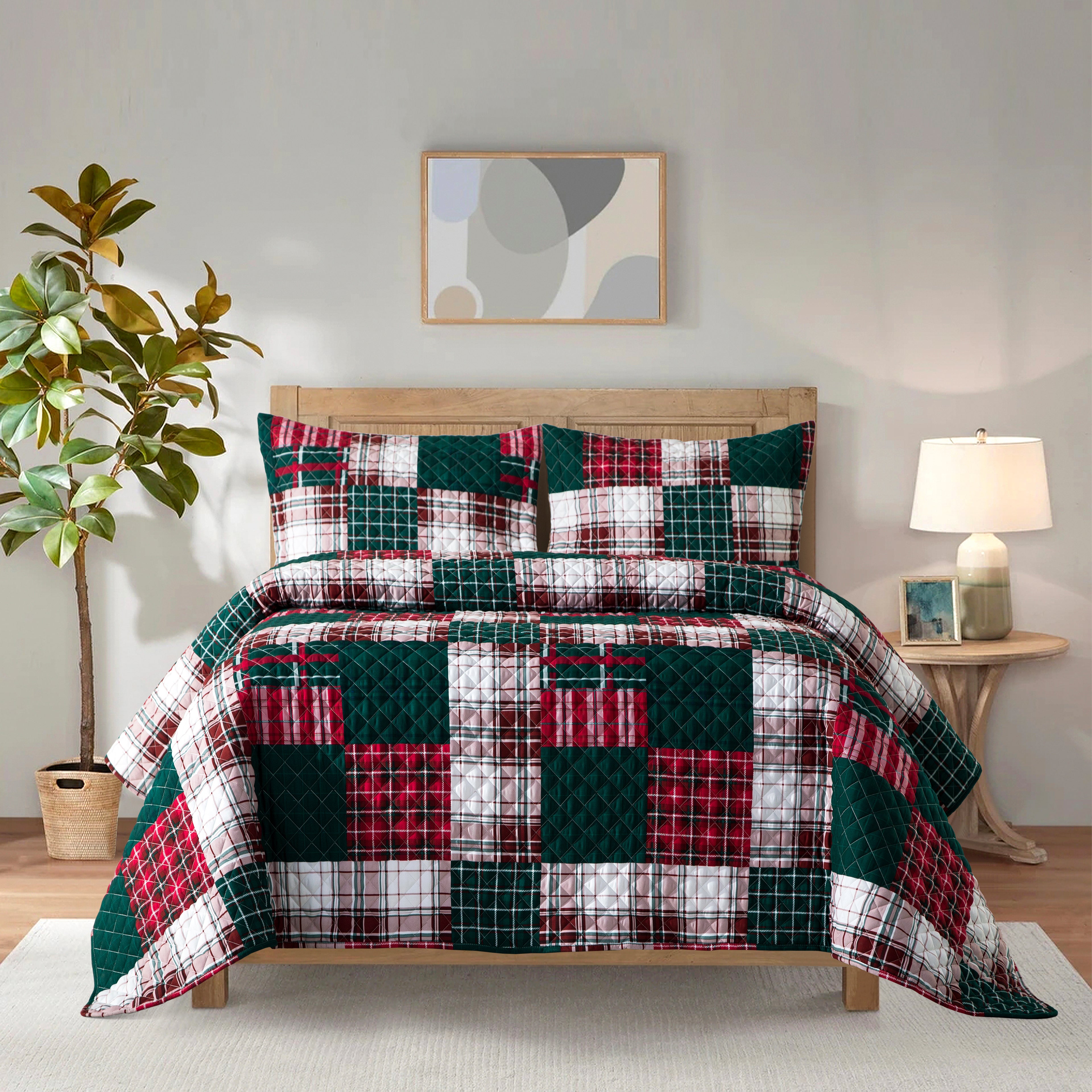 3-Piece Patch Plaid Quilted Reversible Bedspread Coverlet Set