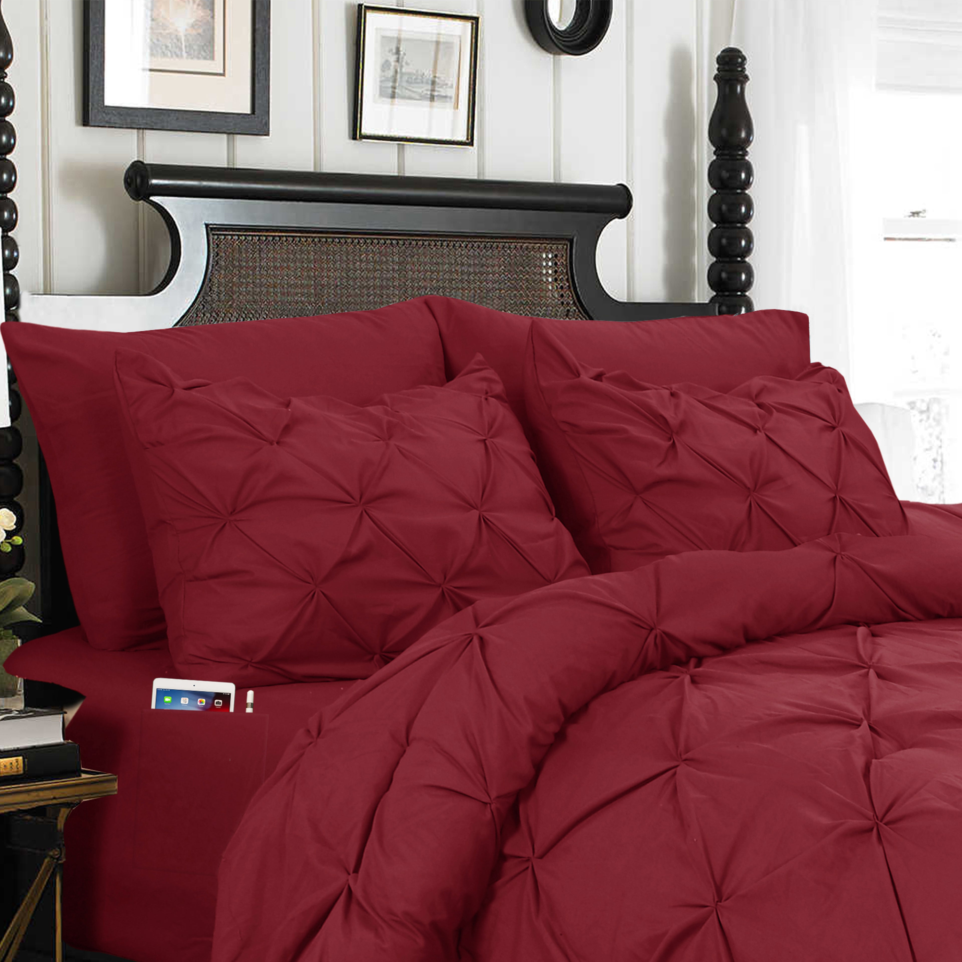 8-Piece Pintuck Pinch Pleated Comforter Set - Includes 4-Piece Sheet Set with Double Sided Storage Pockets