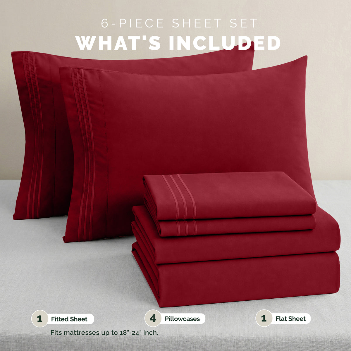 Extra deep 18-24 Inch Pocket 3 Line Embroidery, 6-Piece Sheet Set, Moody Shades