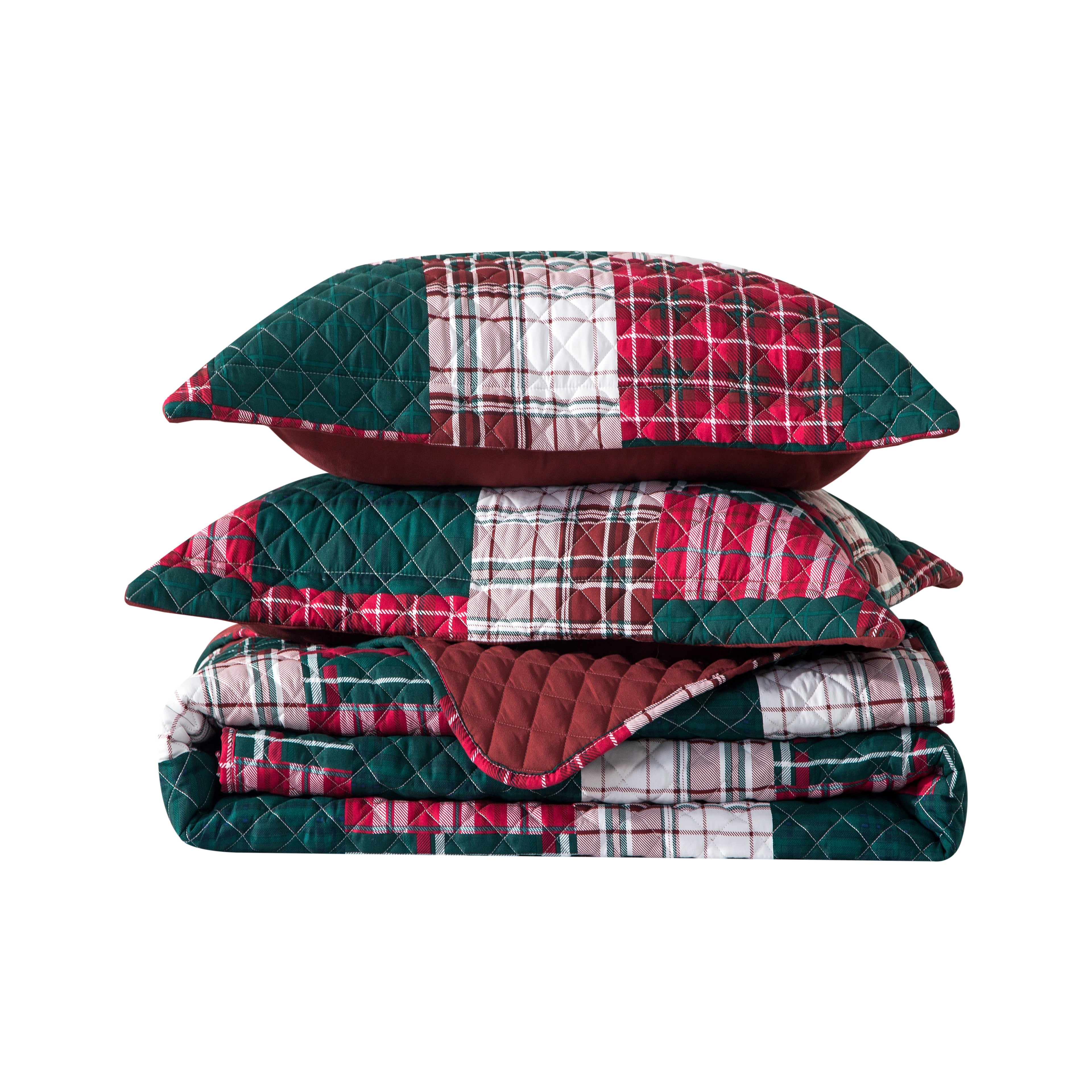 3-Piece Patch Plaid Quilted Reversible Bedspread Coverlet Set