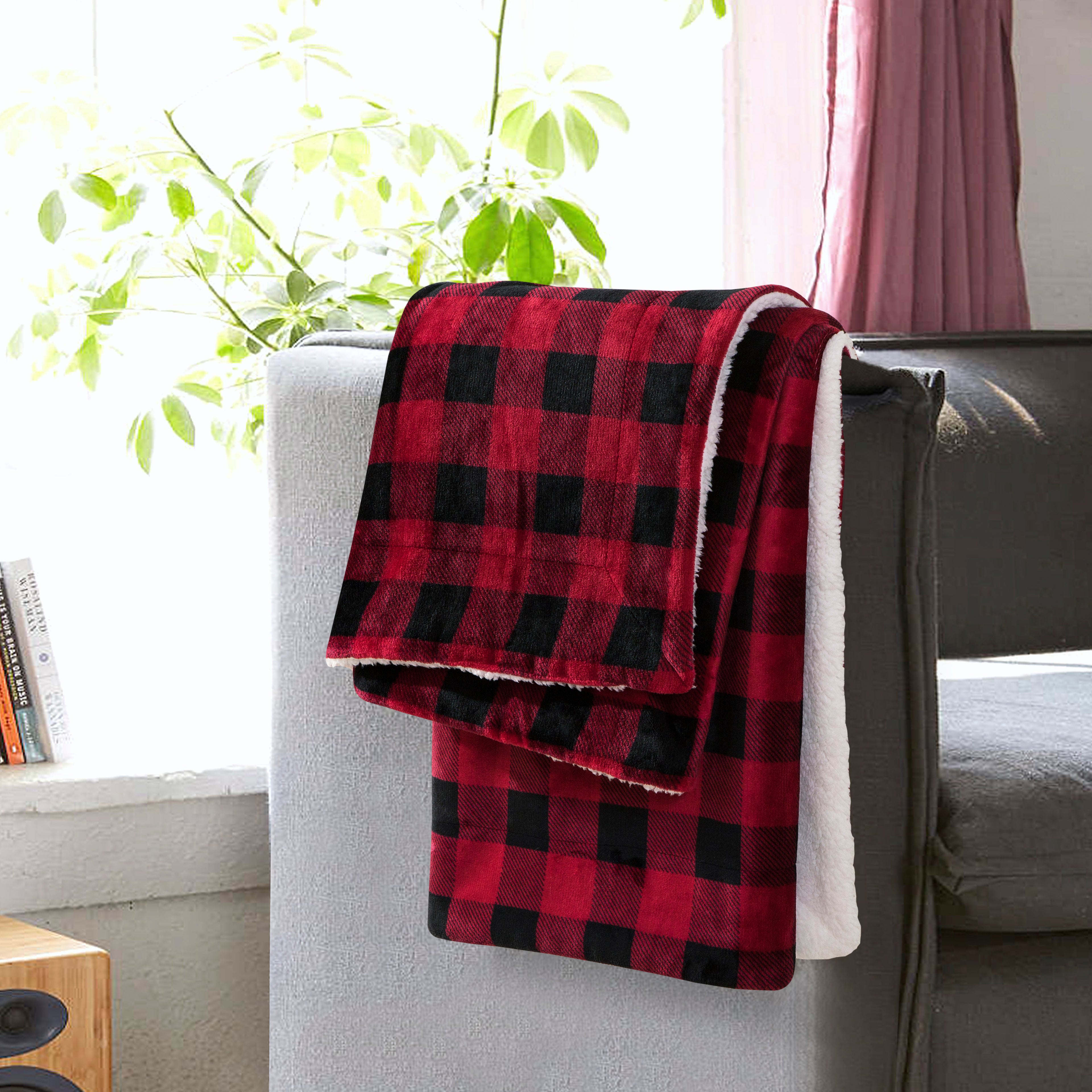 Buffalo Plaid Flannel Fleece Sherpa Throw Blanket