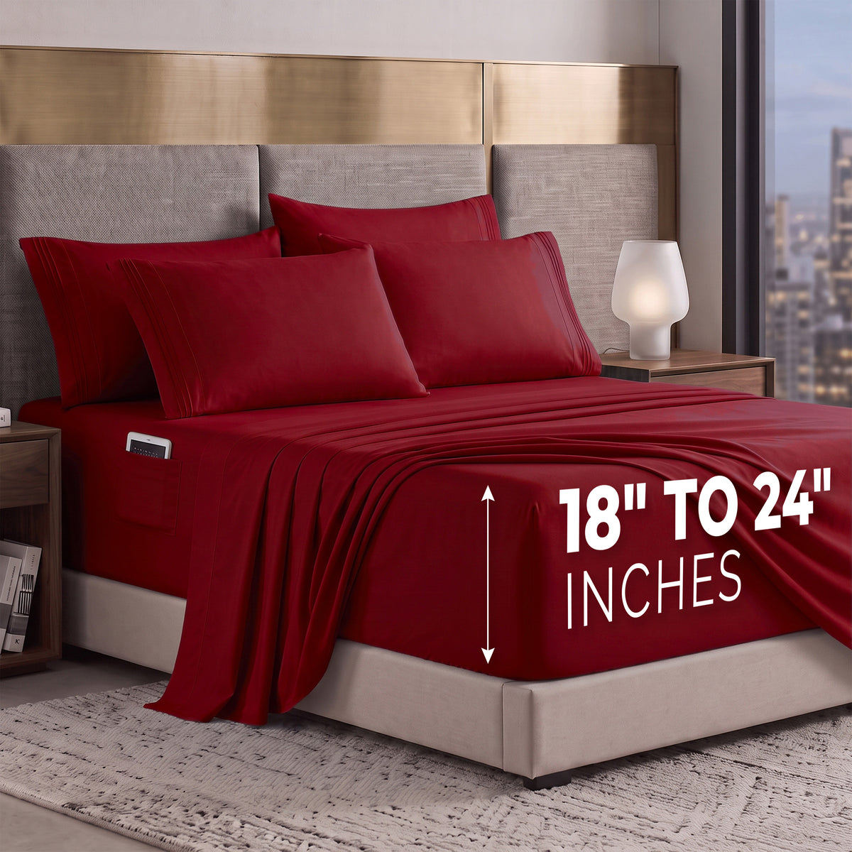 Extra deep 18-24 Inch Pocket 3 Line Embroidery, 6-Piece Sheet Set, Moody Shades