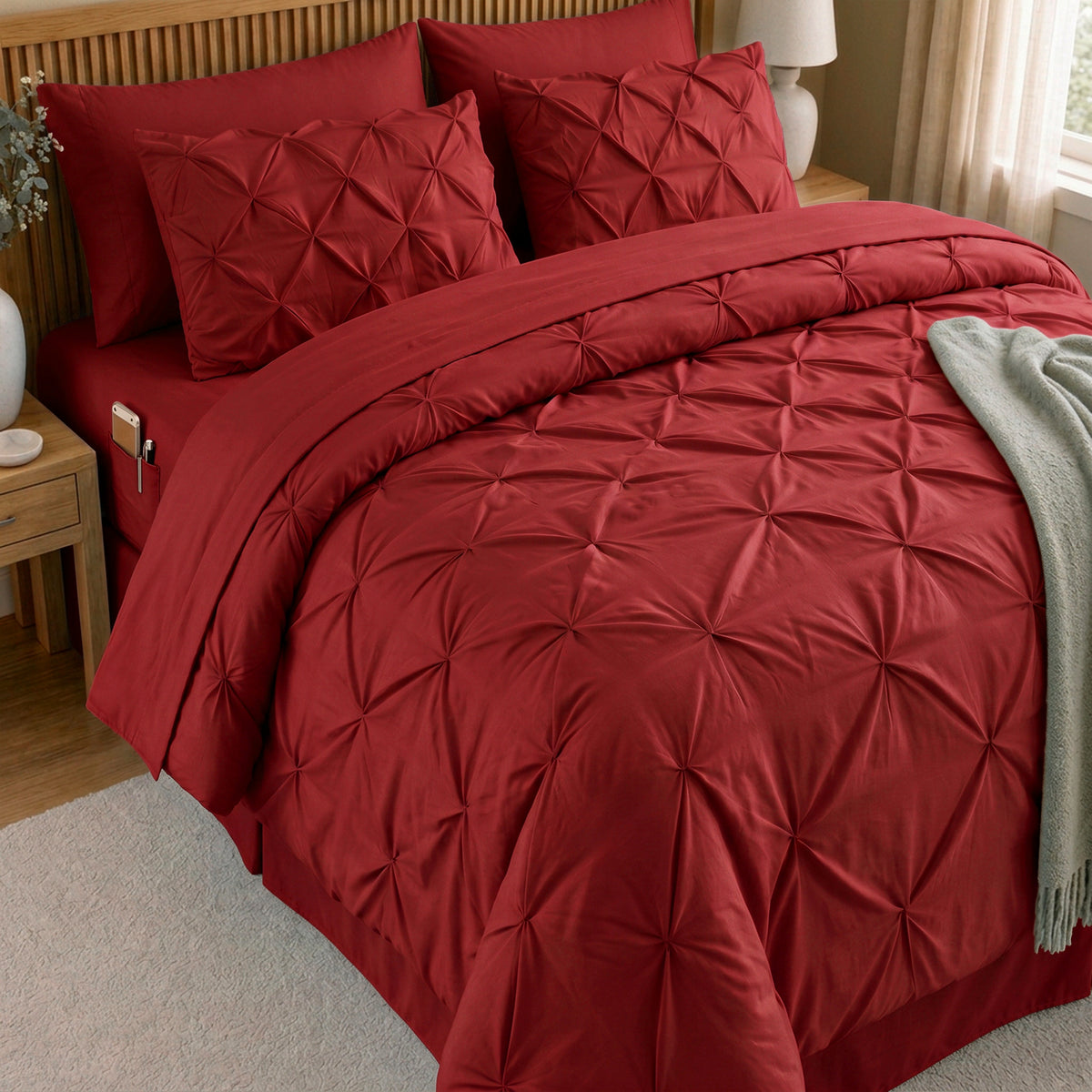 8-Piece Pintuck Pinch Pleated Comforter Set - Includes 4-Piece Sheet Set with Double Sided Storage Pockets
