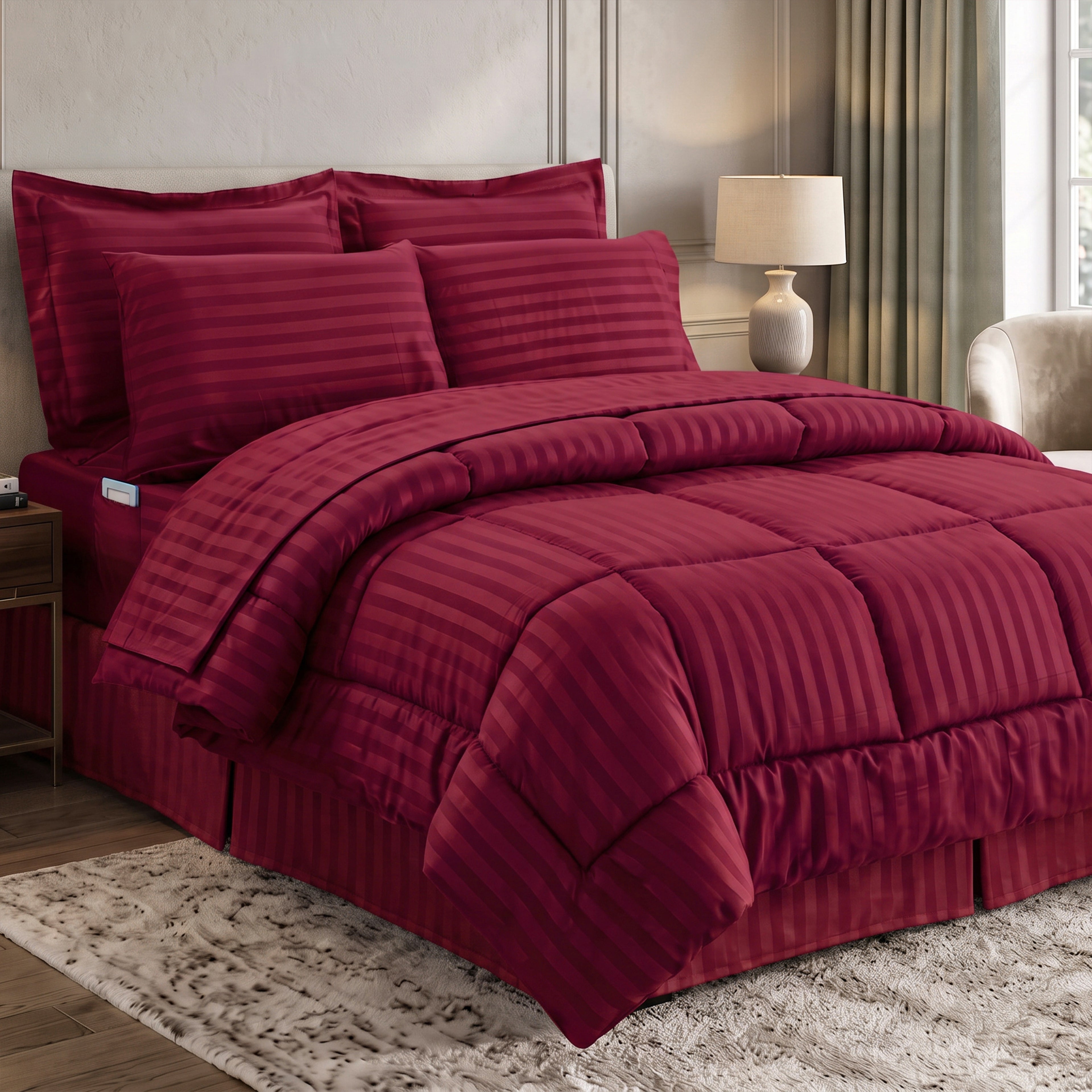 8-Piece Dobby Stripe Comforter Set - Includes 4-Piece Sheet Set with Double Sided Storage Pockets