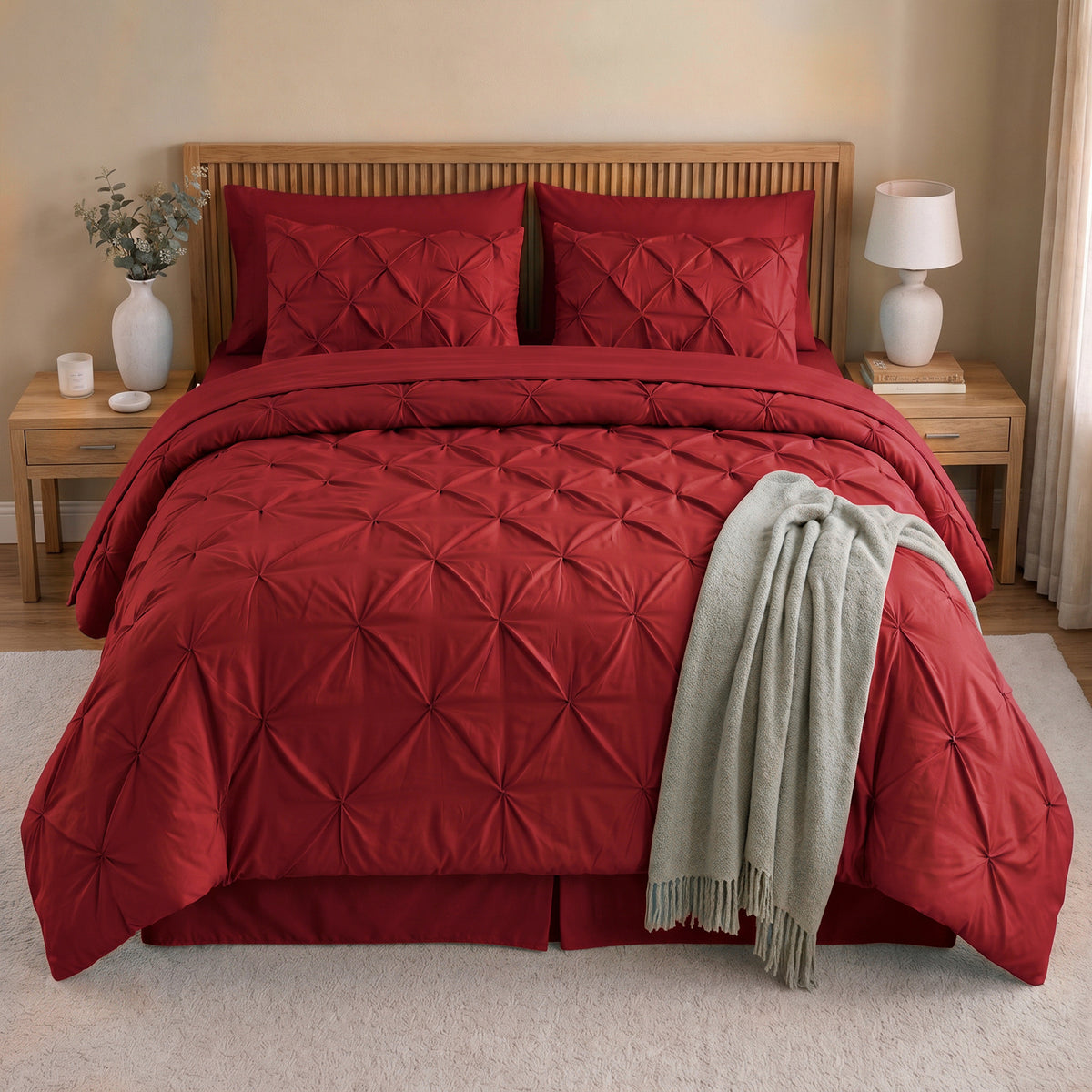 8-Piece Pintuck Pinch Pleated Comforter Set - Includes 4-Piece Sheet Set with Double Sided Storage Pockets
