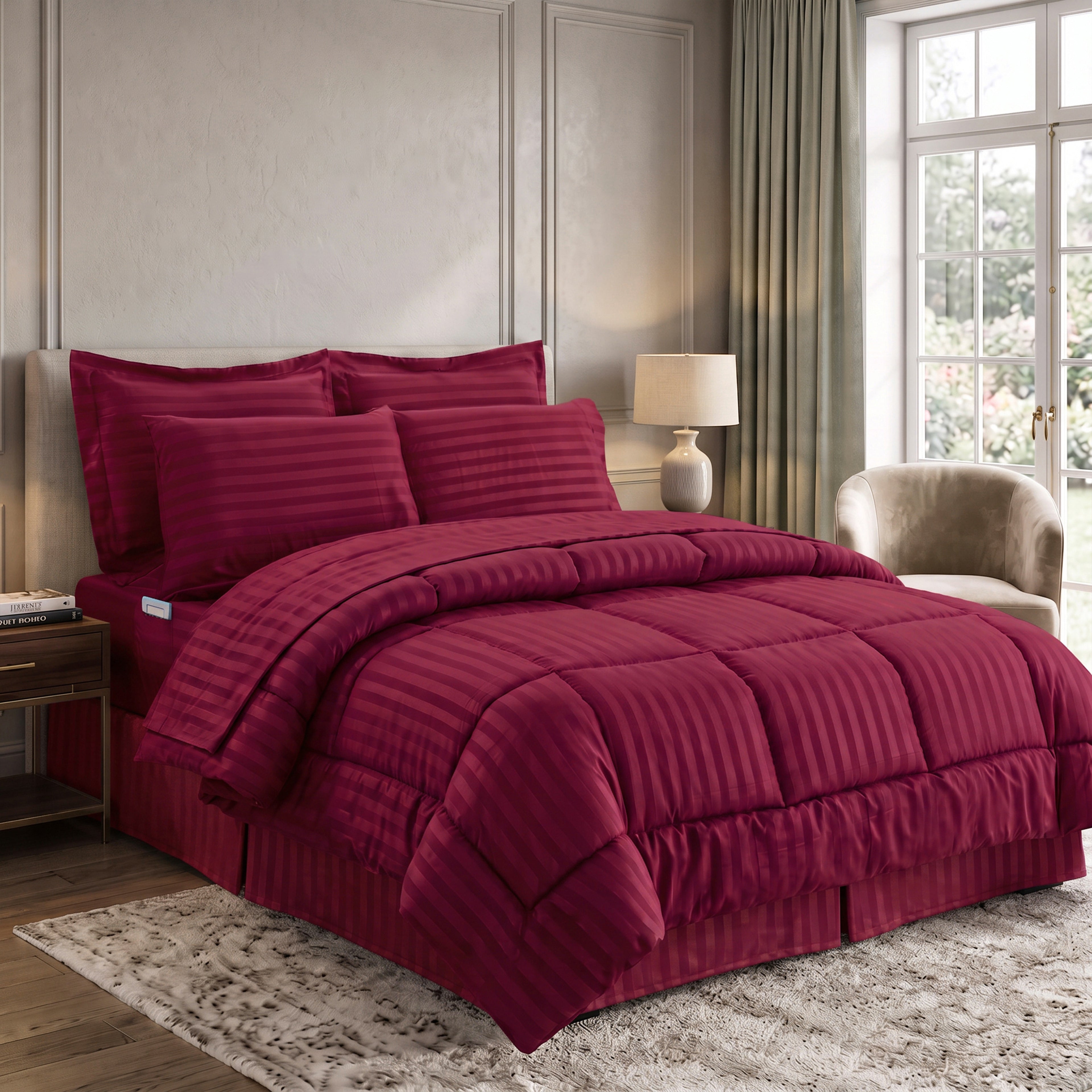 8-Piece Dobby Stripe Comforter Set - Includes 4-Piece Sheet Set with Double Sided Storage Pockets