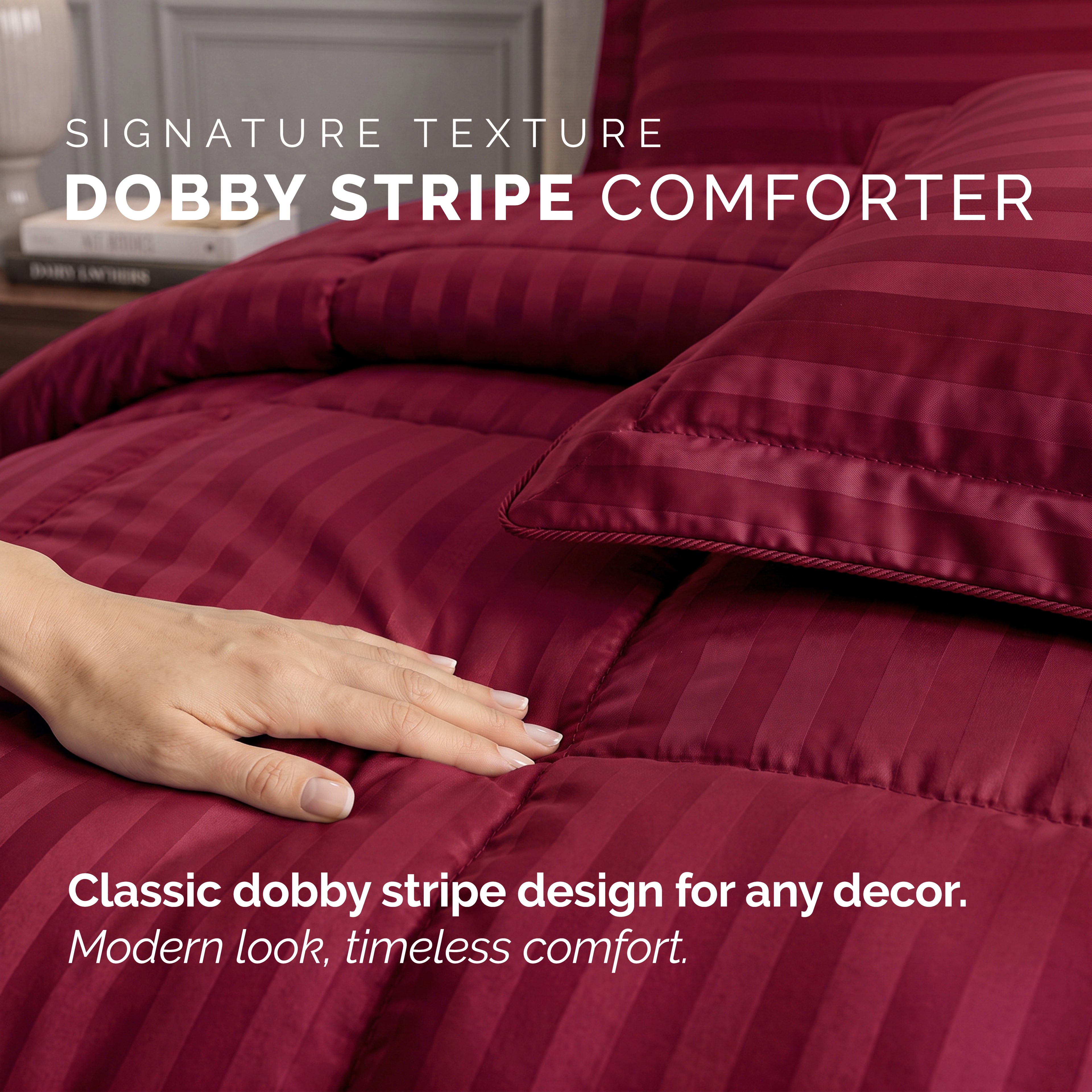 8-Piece Dobby Stripe Comforter Set - Includes 4-Piece Sheet Set with Double Sided Storage Pockets