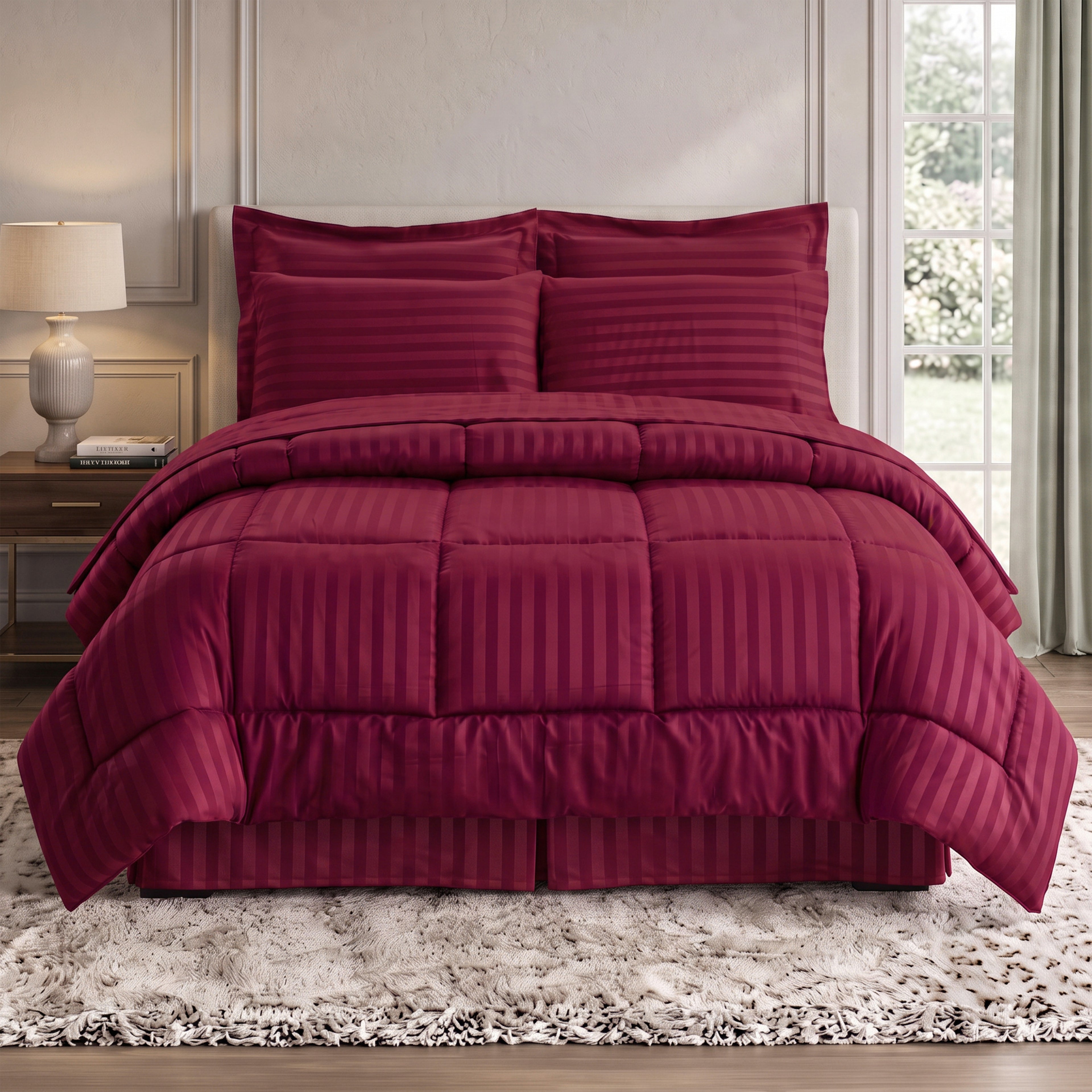 8-Piece Dobby Stripe Comforter Set - Includes 4-Piece Sheet Set with Double Sided Storage Pockets