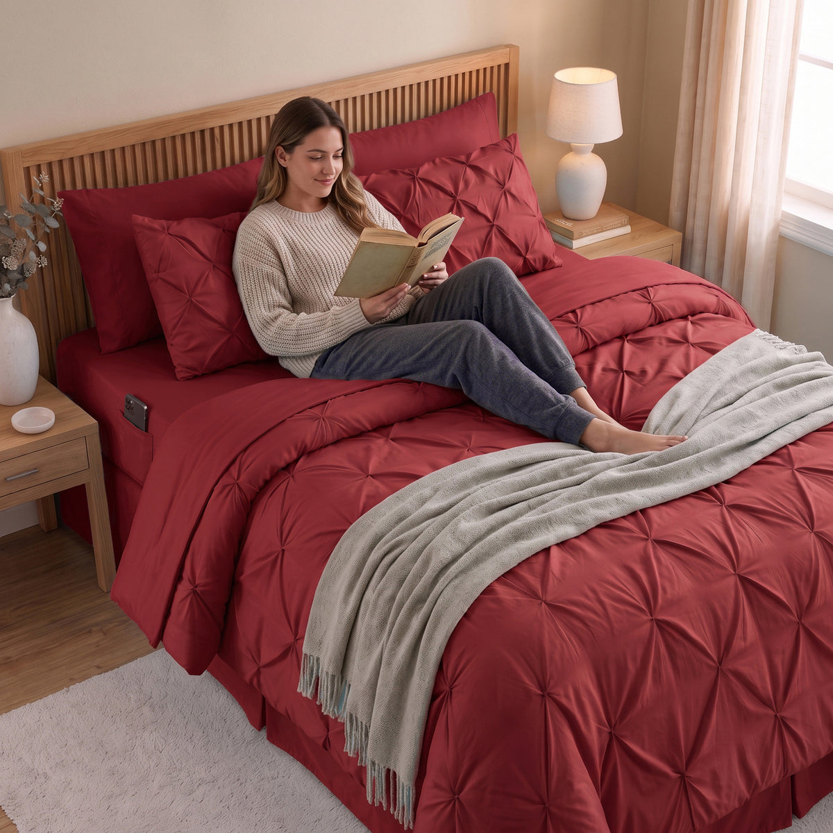 8-Piece Pintuck Pinch Pleated Comforter Set - Includes 4-Piece Sheet Set with Double Sided Storage Pockets